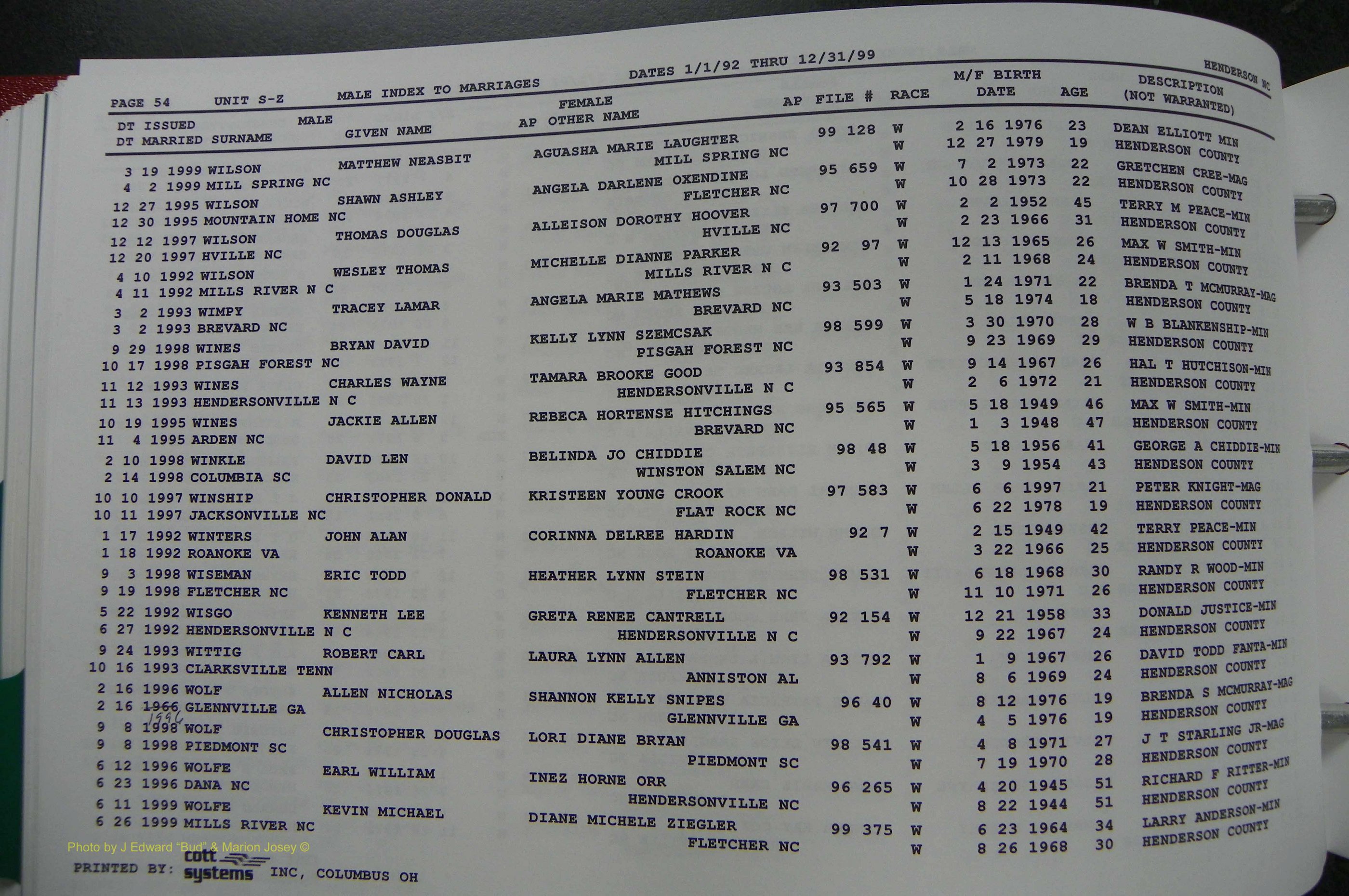 Henderson Co, NC, Marriages Male, A - Z, 1992 - 1999, (298).JPG