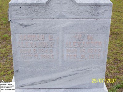 Alexander, Warren W & Hannah C Alexander, Hebron United Methodist Church Cemetery, Lee Co, SC.jpg
