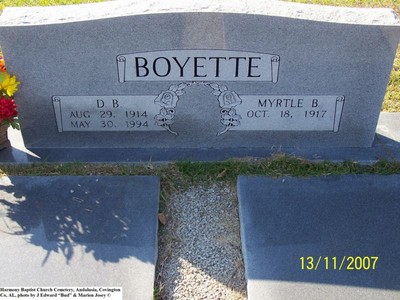 Boyette, D B & Myrtle B, Harmony Baptist Church Cem, Covington Co, AL.jpg