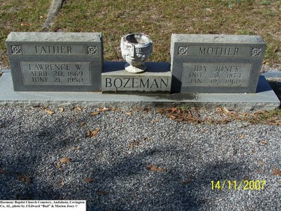 Bozeman, Lawrence W & Ida Jones, Harmony Baptist Church Cemetery, Andalusia, Covington Co, AL.jpg