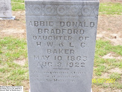 Bradford, Abbie Baker Donald, Bethany Baptist Church Cemetery, St Charles, Lee Co, SC 052.jpg