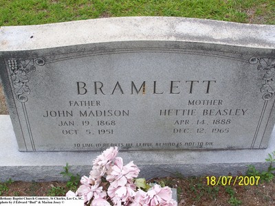 Bramlett, John M & Hettie Beasley, Bethany Baptist Cem, Lee Co, SC.jpg
