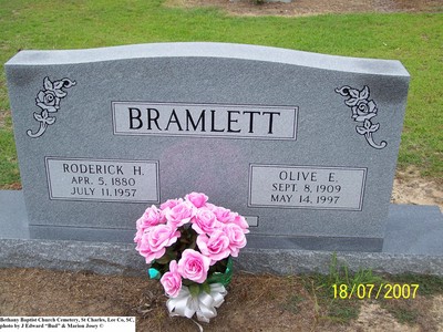 Bramlett, Roderick H & Olive E, Bethany Baptist Cem, Lee Co, SC.jpg