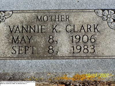 Clark, Vannie K, Pigeon Creek Baptist Cem, Covington Co, AL.jpg