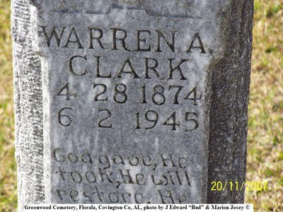 Clark, Warren A, Greenwood Cemetery, Florala, Covington Co, AL.jpg