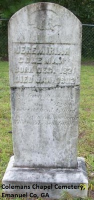 Coleman, Jeremiah, Colemans Chapel Cemetery, Emanuel Co, GA.jpg