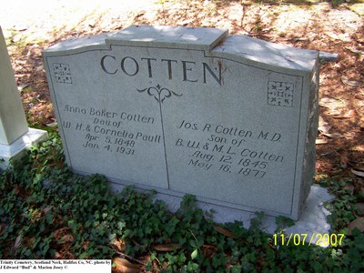 Cotten, Joseph R & Anna Baker, Trinity Cem, Halifax Co, NC.jpg