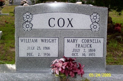 Cox, William & Mary Fralick, Pleasant Grove Cemetery, Gilchrist Co, FL.jpg