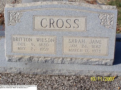 Cross, Britton Wilson & Sarah Jane, Pigeon Creek Baptist Cem, Covington Co, AL.jpg