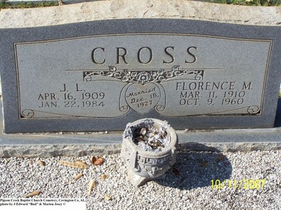 Cross, James L & Florence M Peevy, Pigeon Creek Baptist Cem, Covington Co, AL.jpg