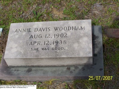 Woodham, Annie Davis, Hebron U M Cem, Lee Co, SC.jpg