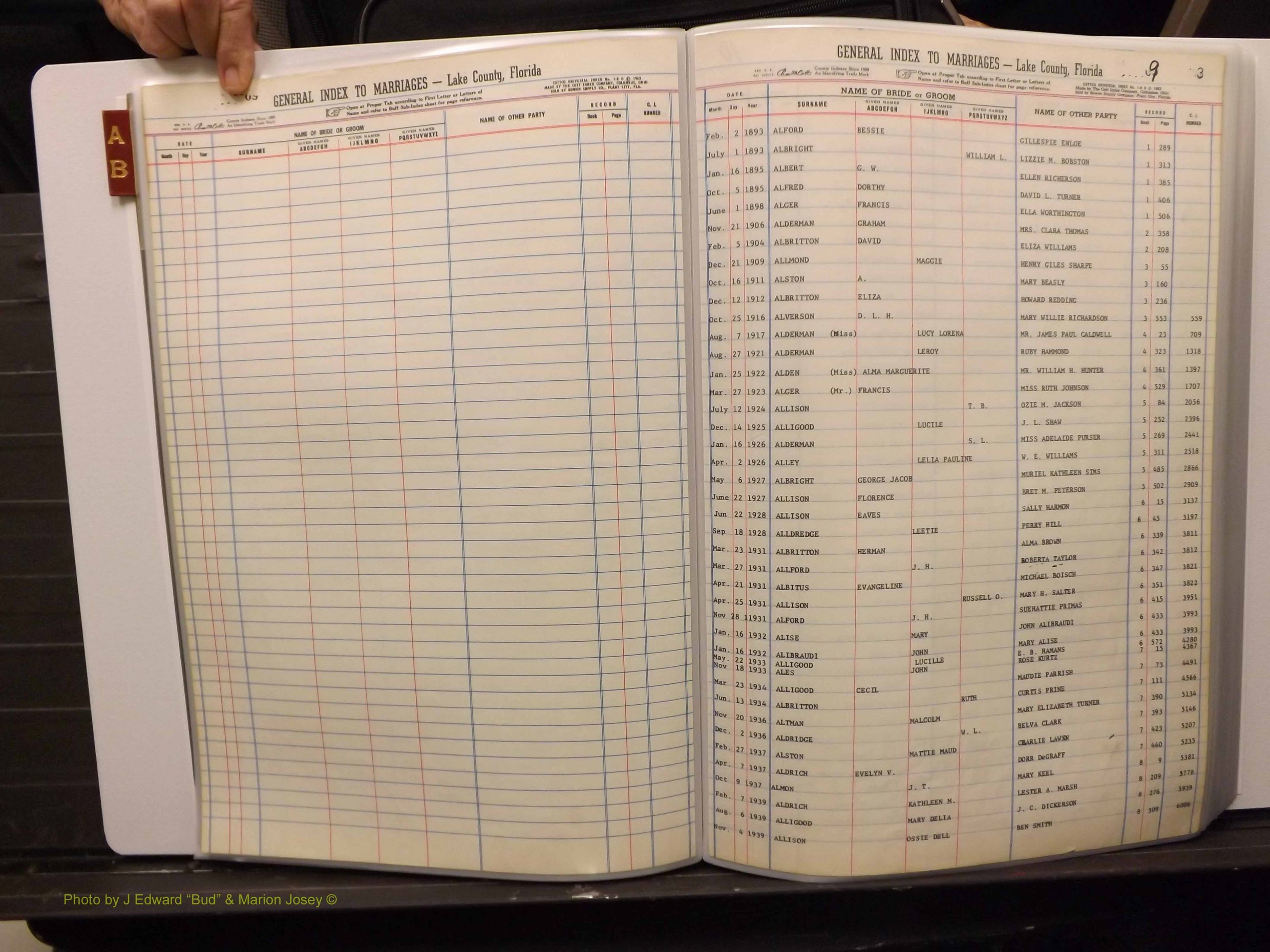 Lake Co, FL Marriage Index A-B, 1889-1986 (106).JPG