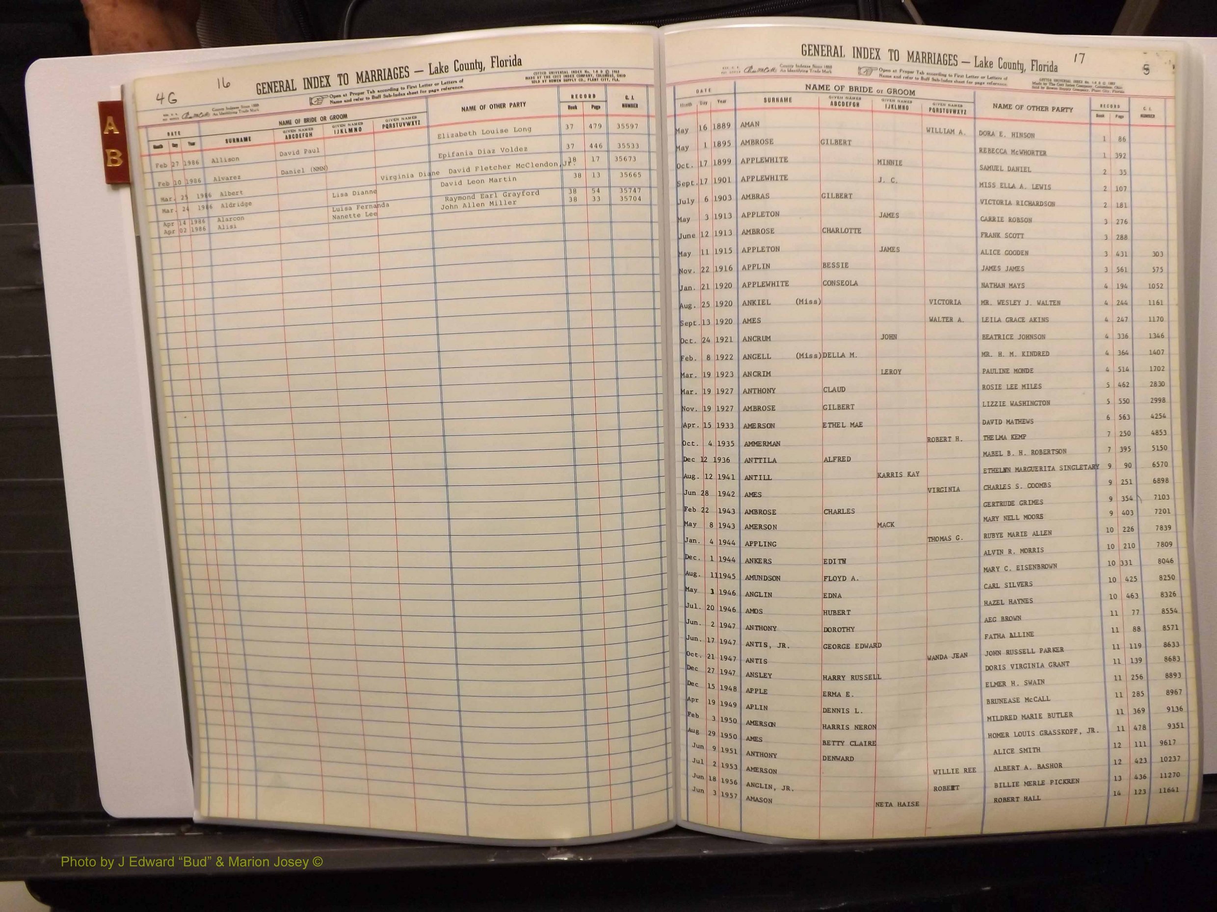 Lake Co, FL Marriage Index A-B, 1889-1986 (110).JPG