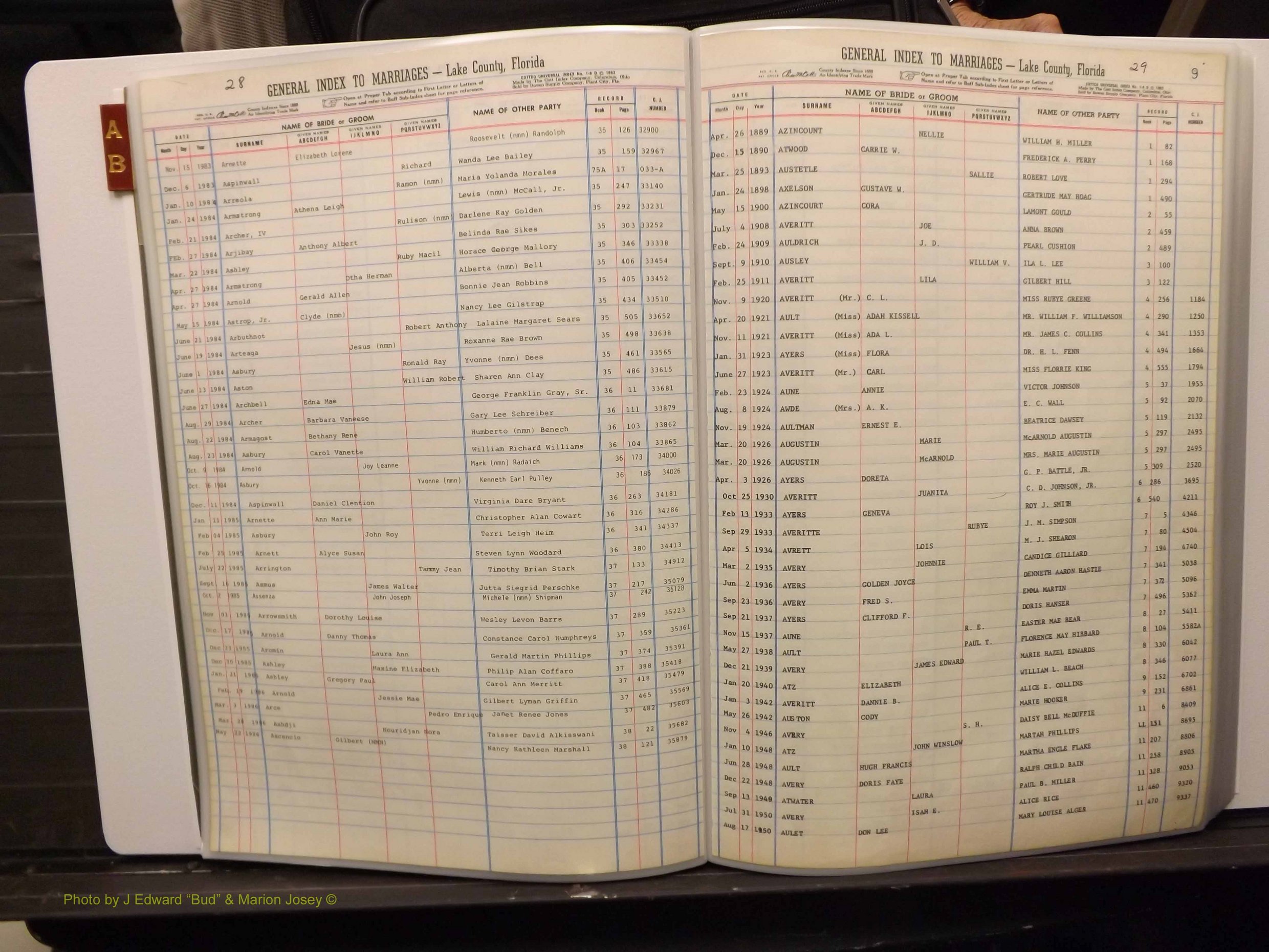 Lake Co, FL Marriage Index A-B, 1889-1986 (115).JPG