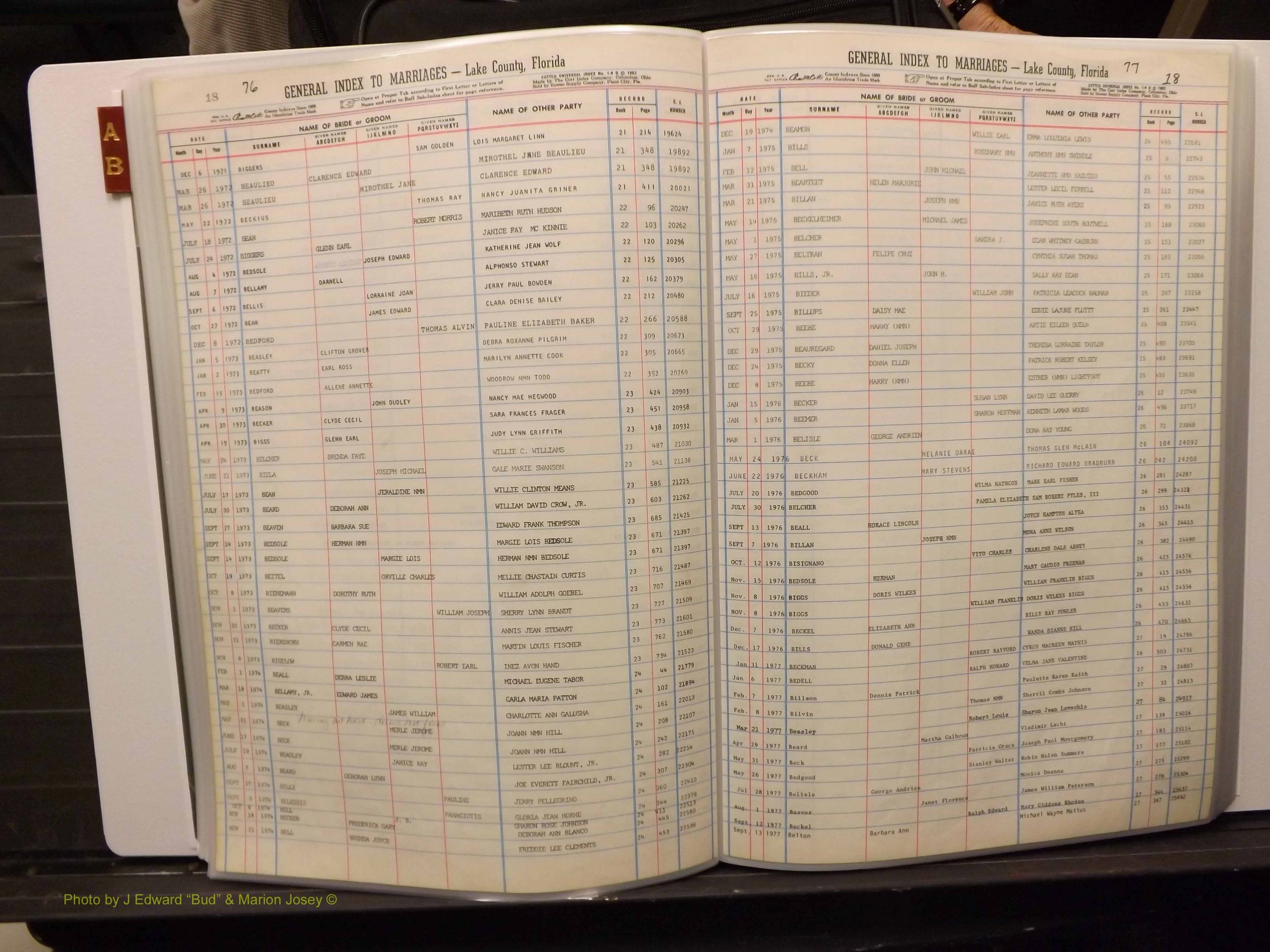 Lake Co, FL Marriage Index A-B, 1889-1986 (140).JPG