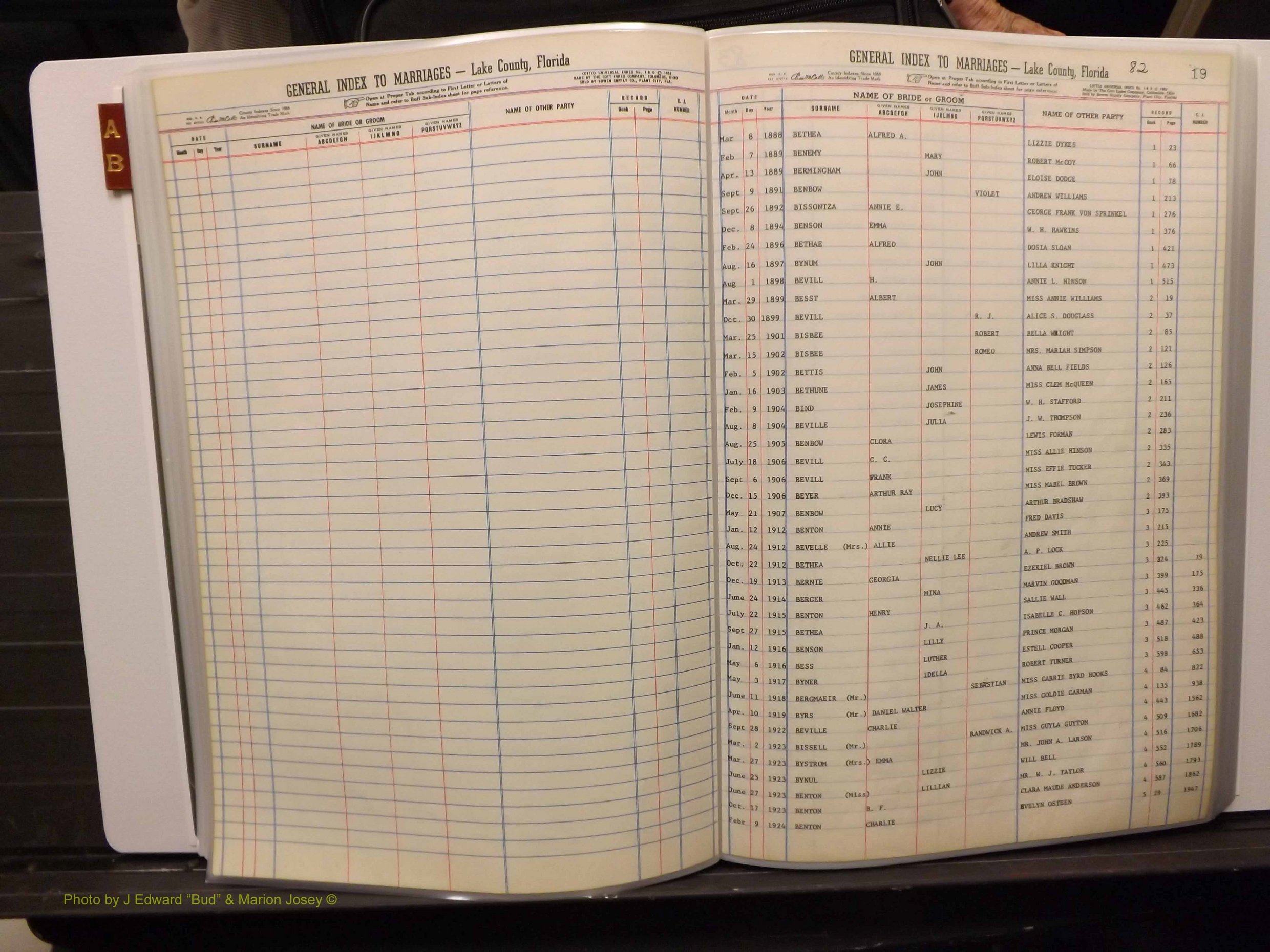 Lake Co, FL Marriage Index A-B, 1889-1986 (143).JPG