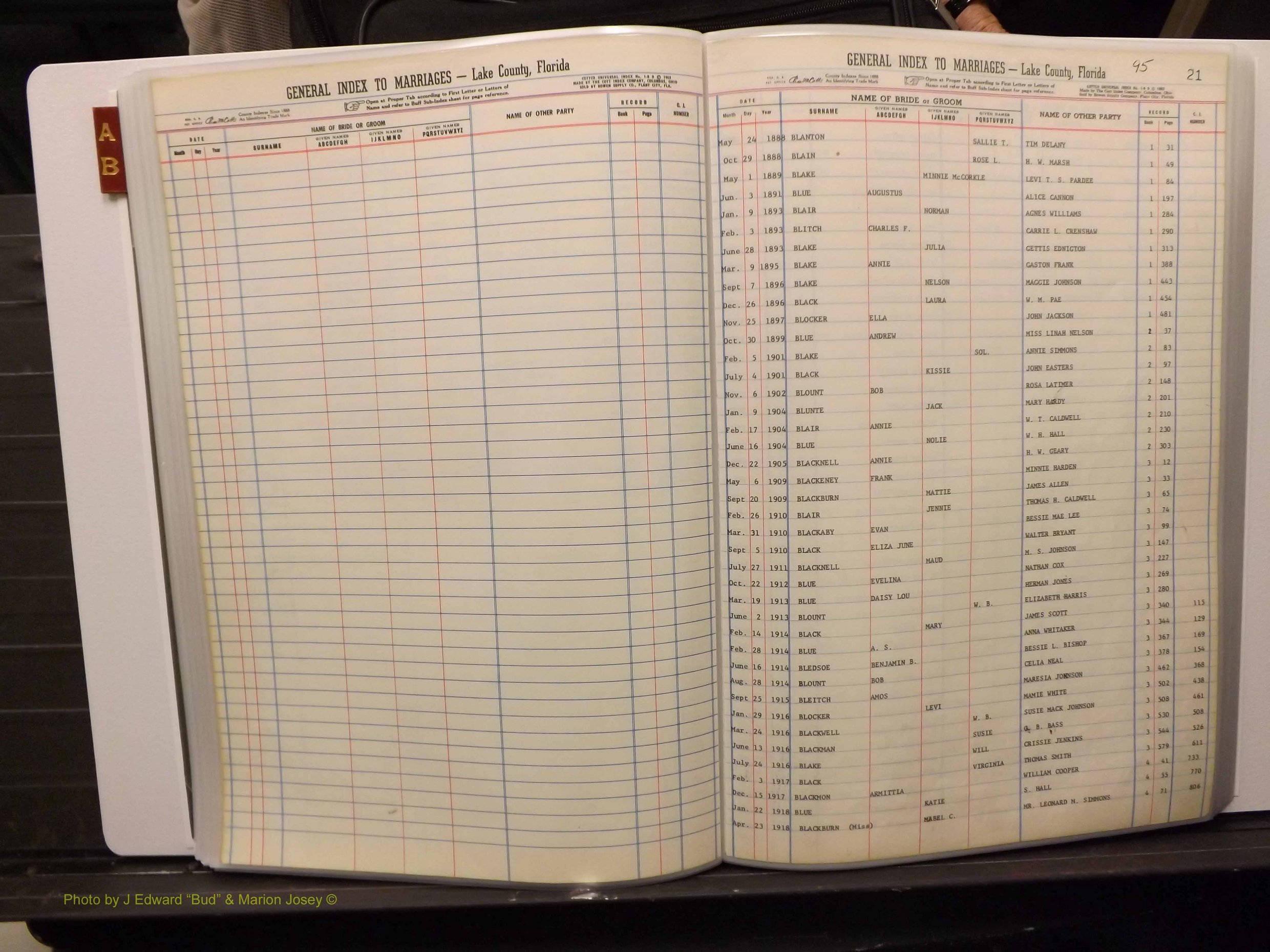 Lake Co, FL Marriage Index A-B, 1889-1986 (150).JPG