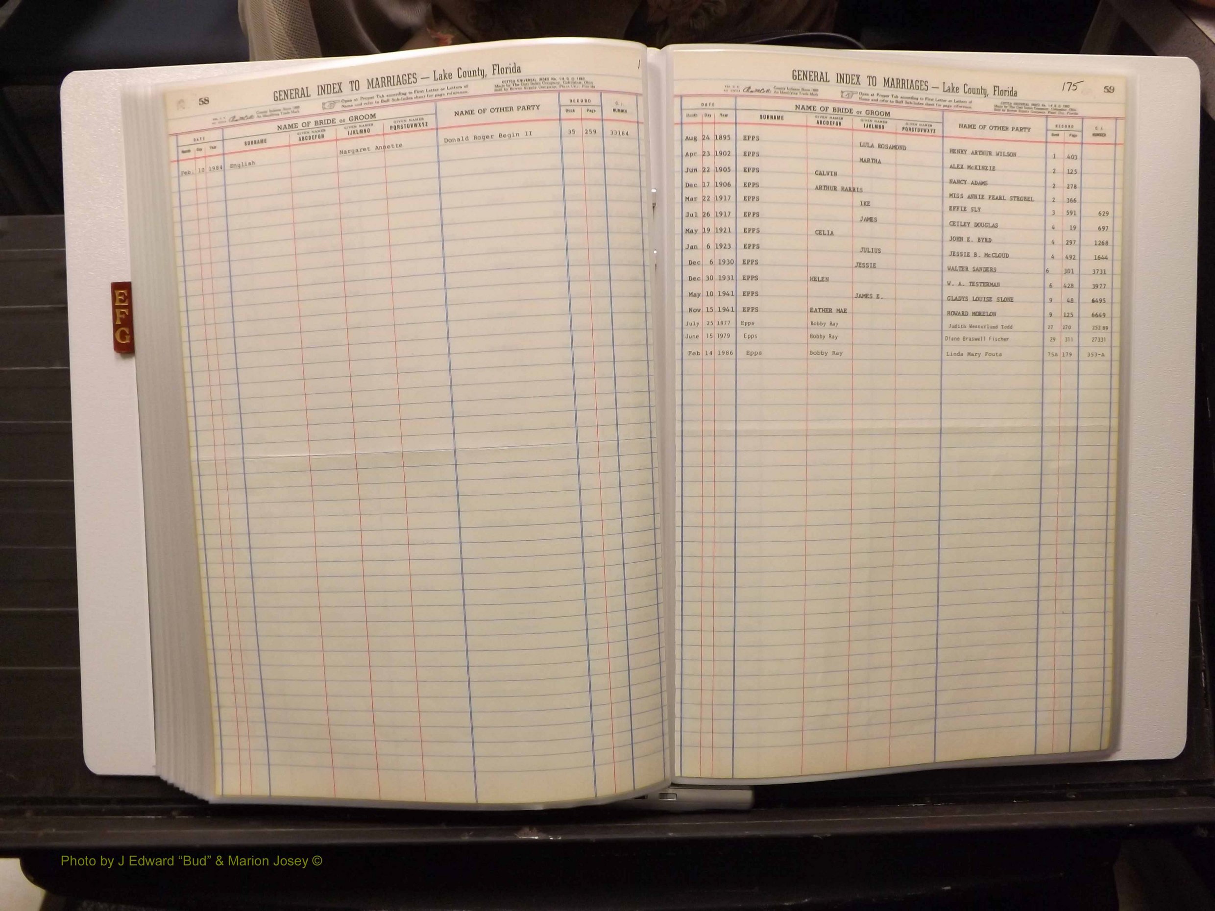 Lake Co, FL Marriage Index E-F-G, 1889-1986 (197).JPG