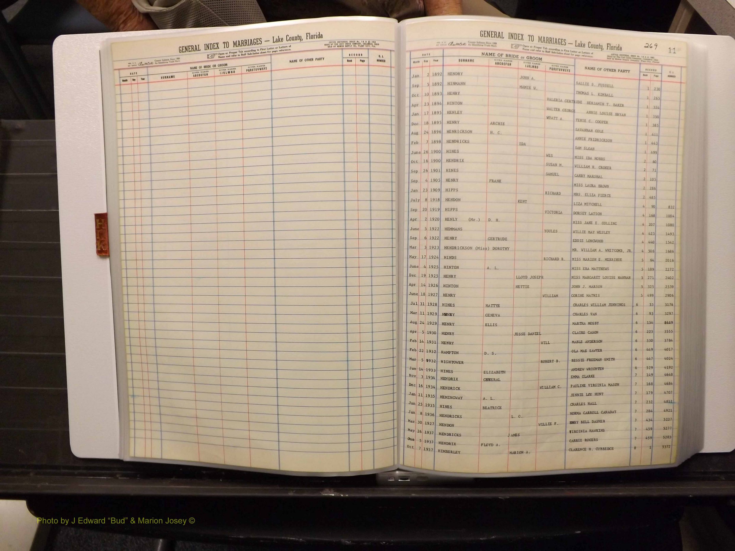 Lake Co, FL Marriage Index H-I-J-K, 1889-1986 (134).JPG