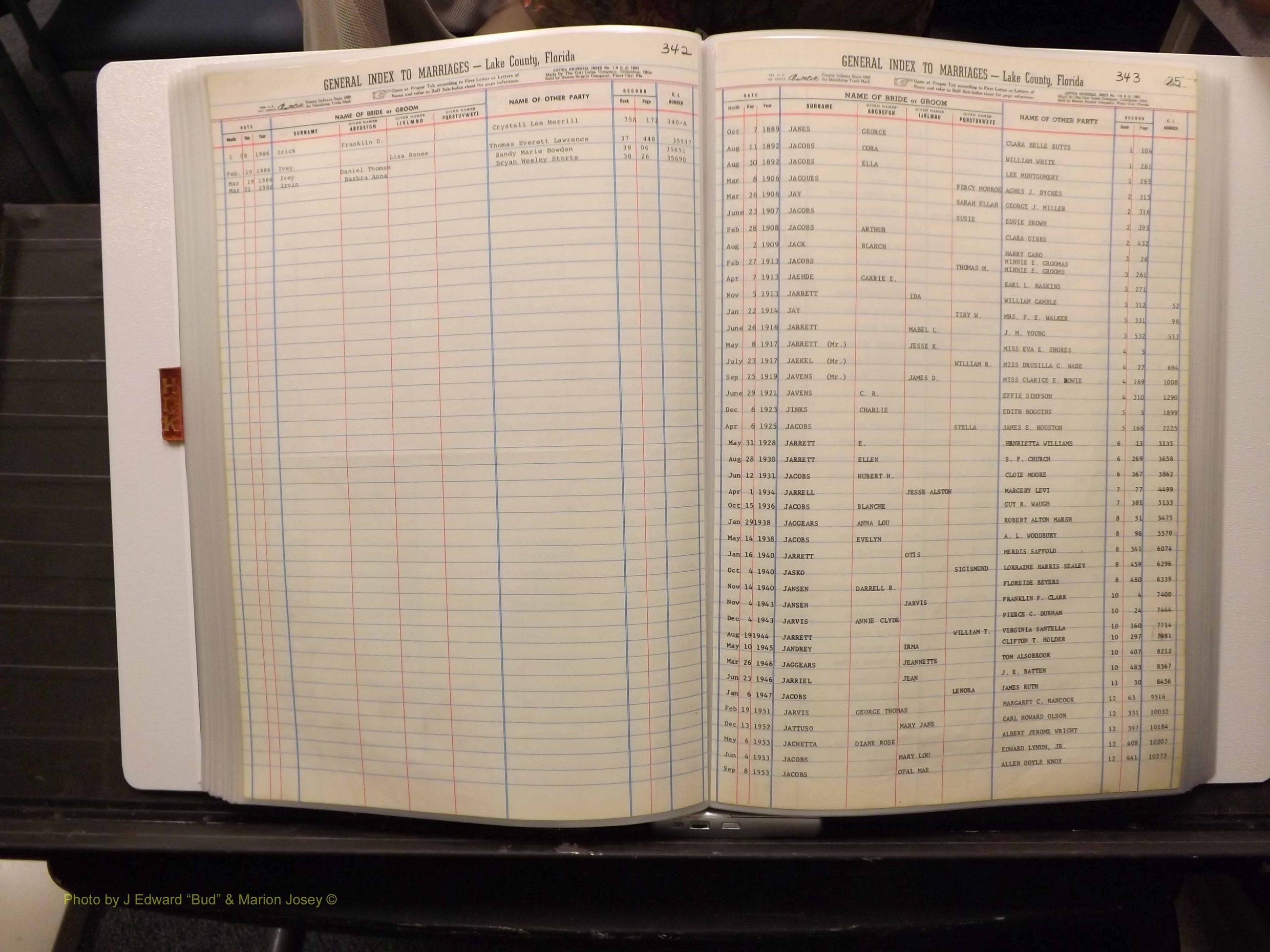 Lake Co, FL Marriage Index H-I-J-K, 1889-1986 (173).JPG