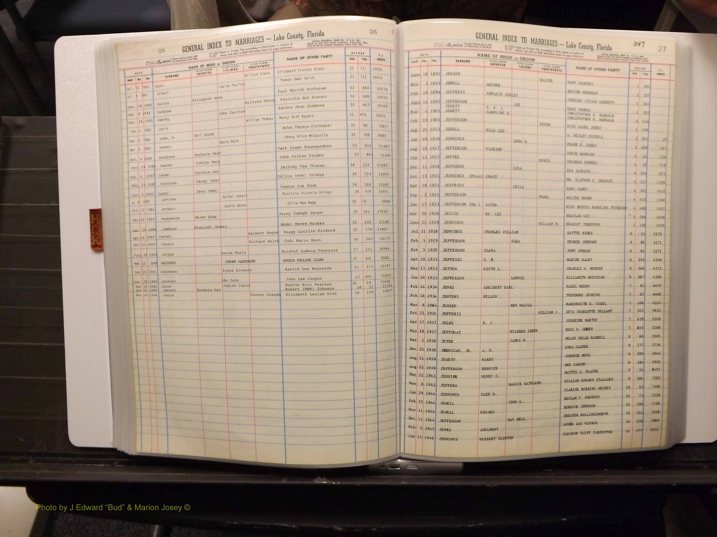 Lake Co, FL Marriage Index H-I-J-K, 1889-1986 (175).JPG