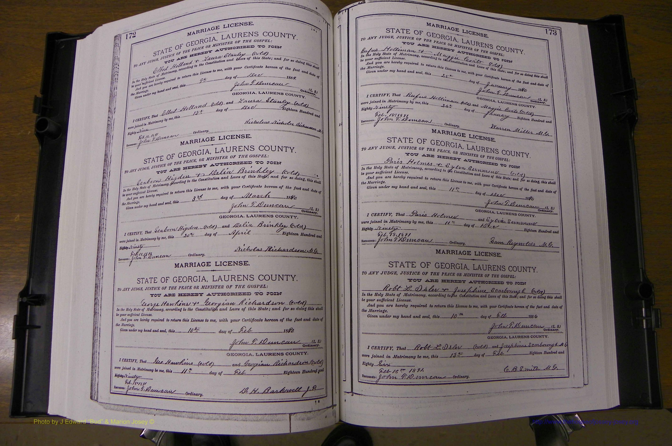 Laurens Co, GA, Marriages Book K, 1886 - 1896, P 172-173.JPG