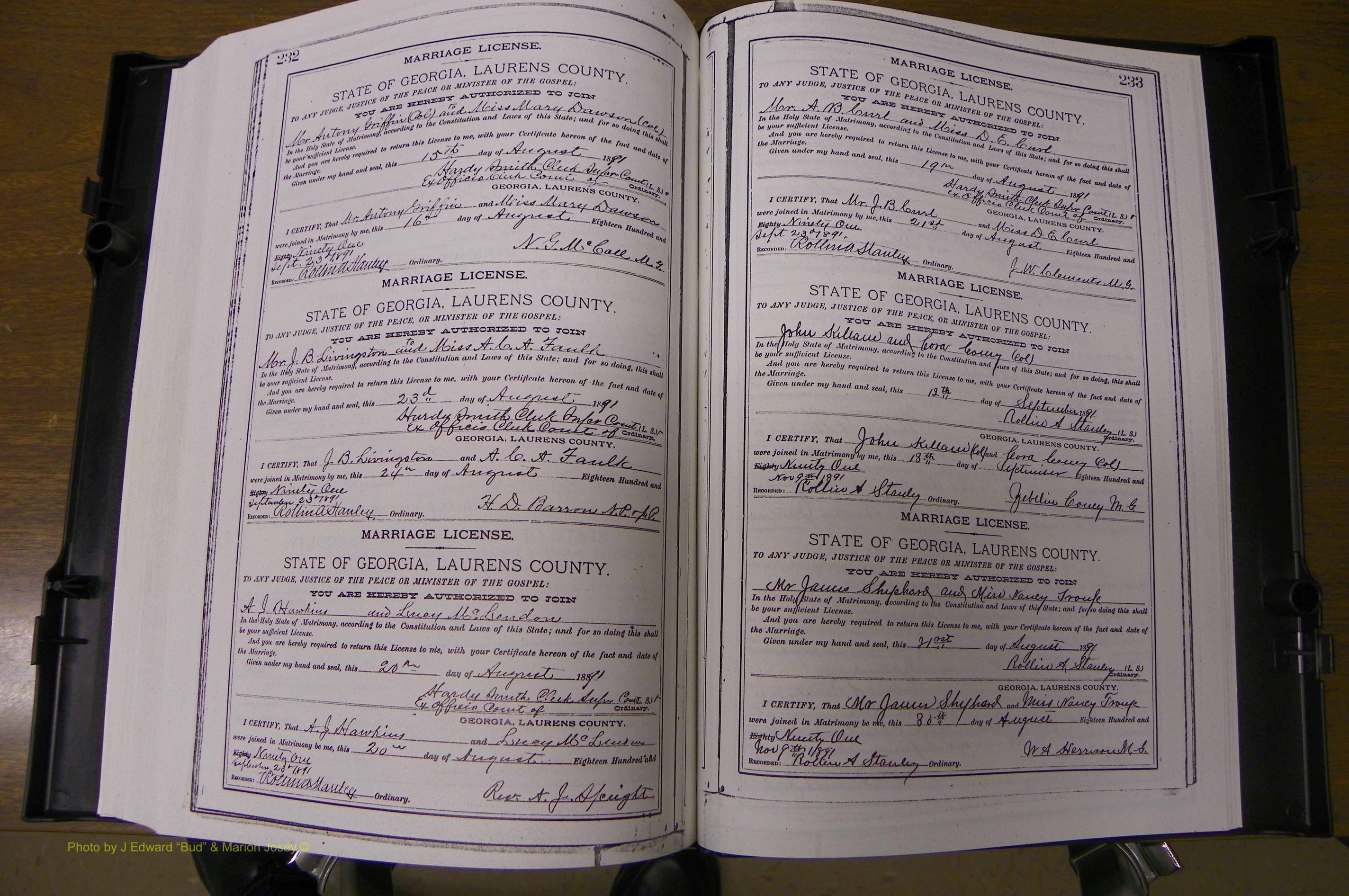 Laurens Co, GA, Marriages Book K, 1886 - 1896, P 232-233.JPG