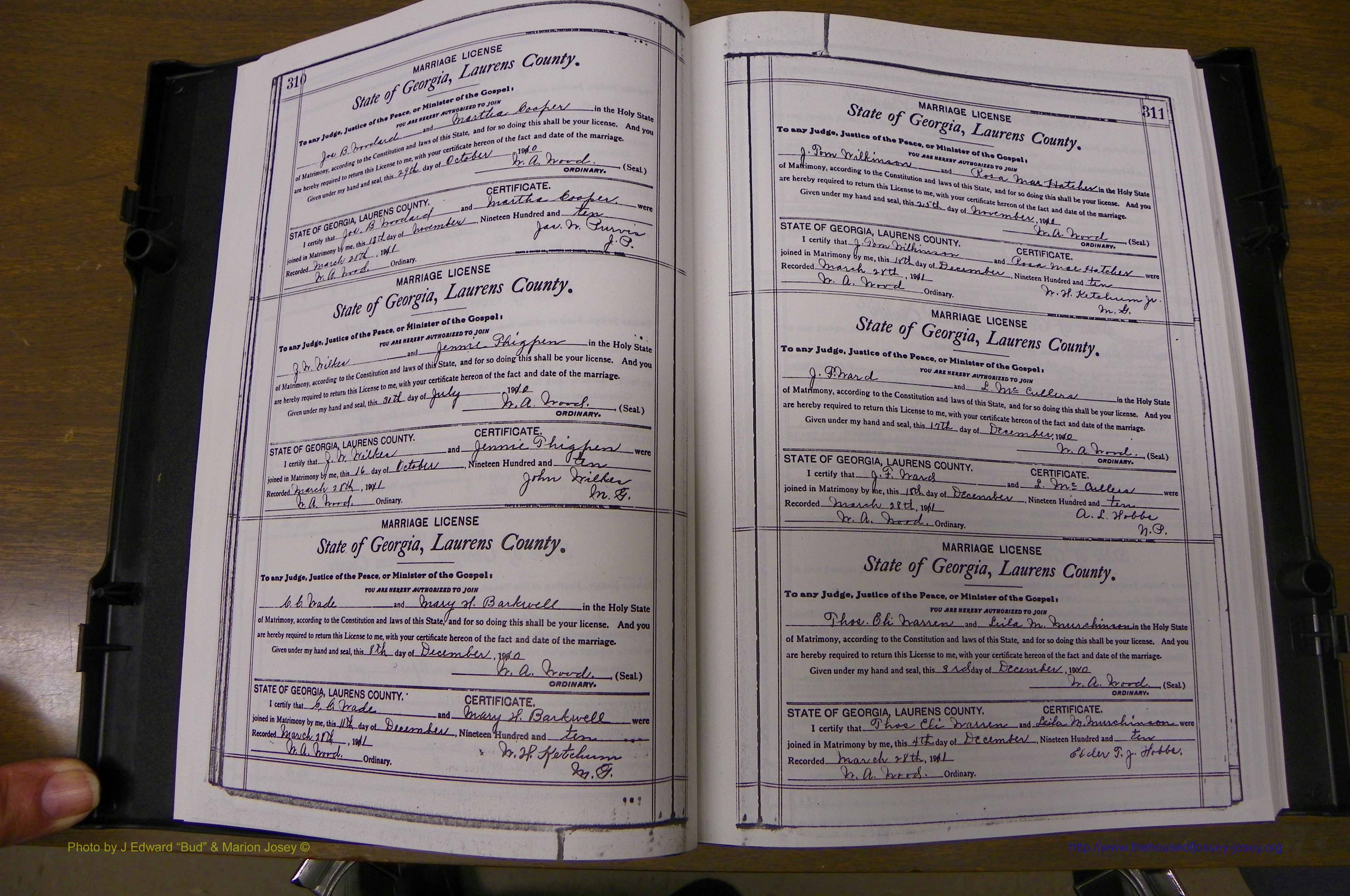 Laurens Co, GA, Marriages Book N, 1905 - 1915, White, P 310-311.JPG