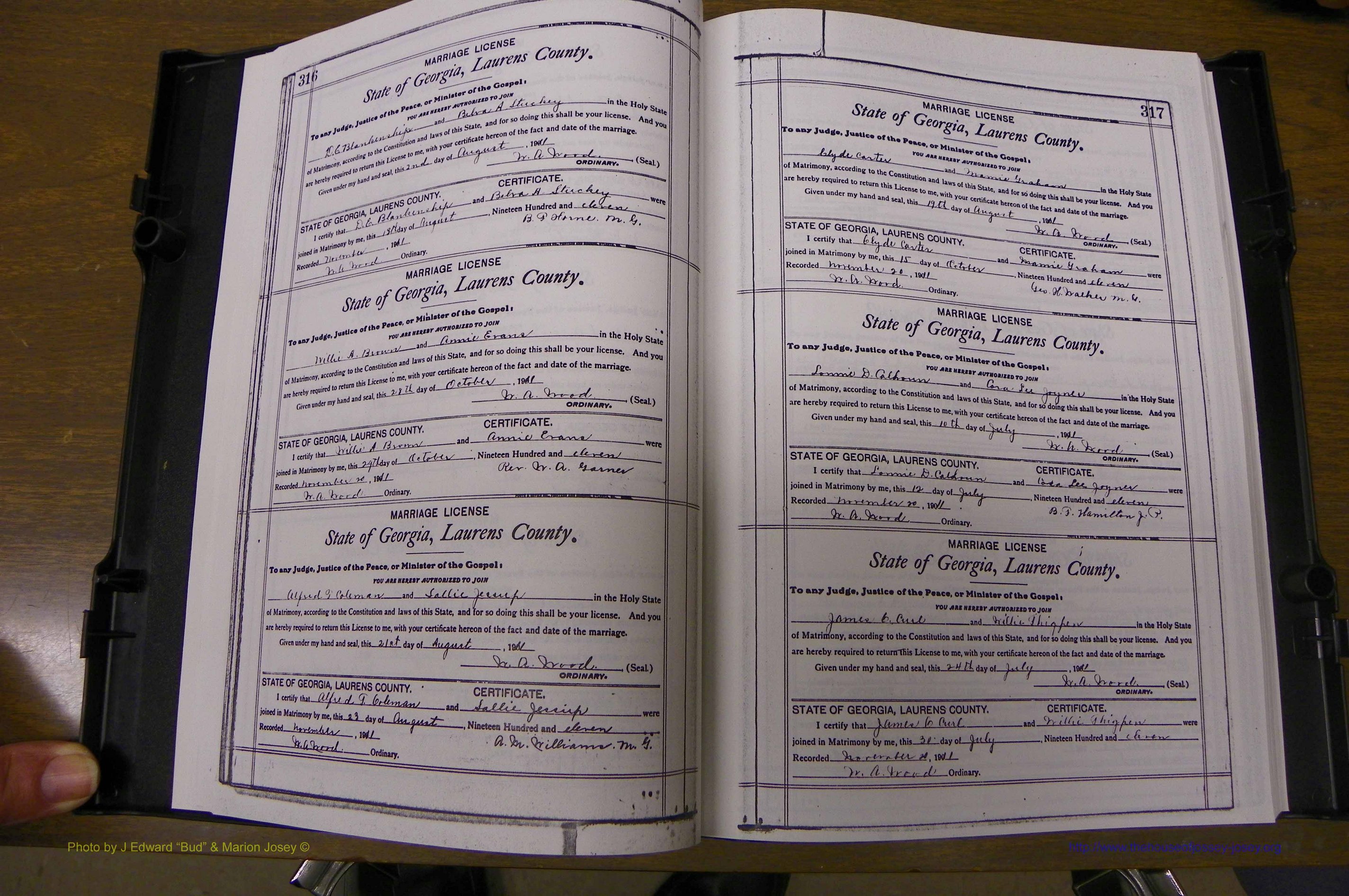 Laurens Co, GA, Marriages Book N, 1905 - 1915, White, P 316-317.JPG
