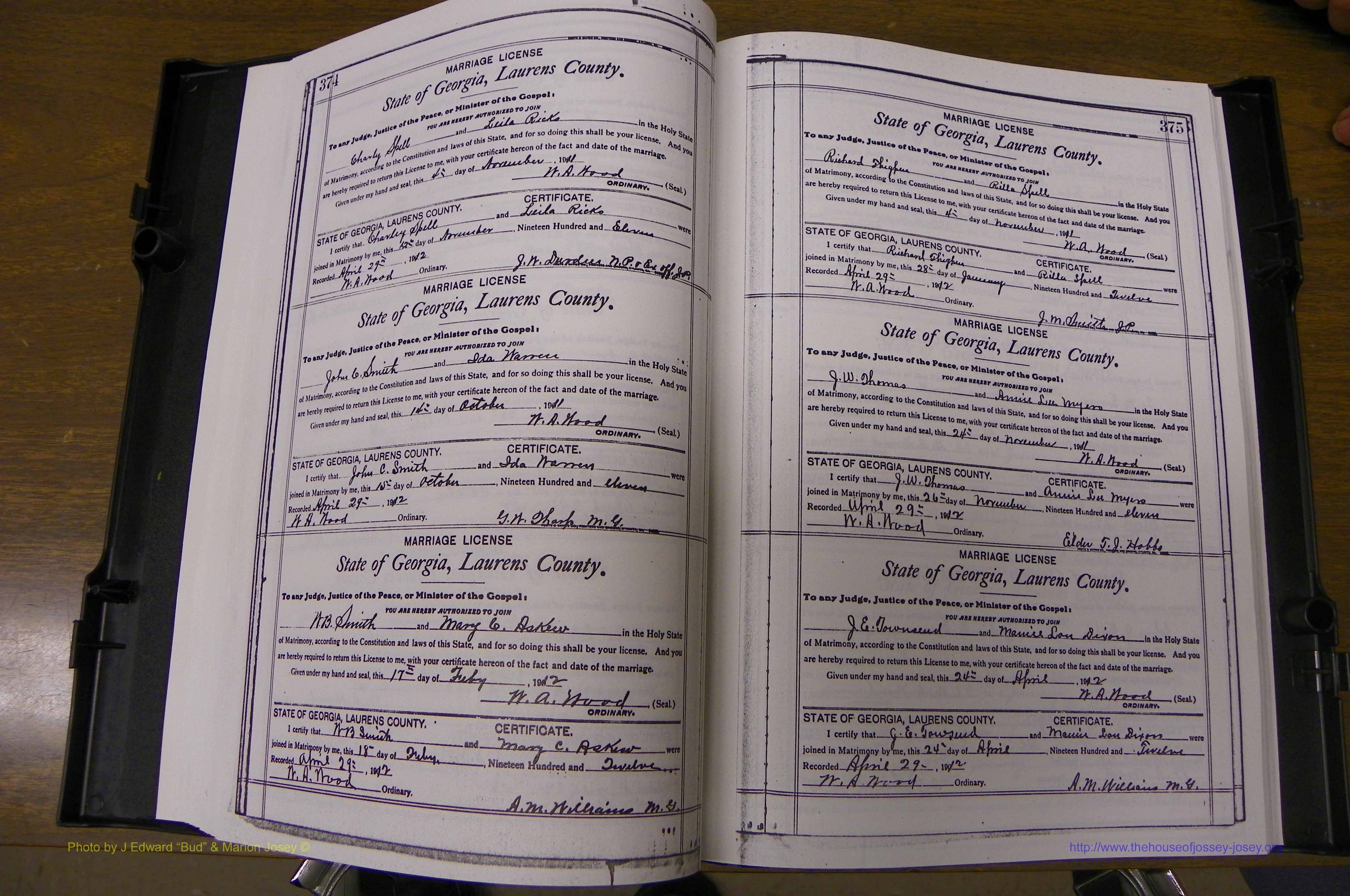 Laurens Co, GA, Marriages Book N, 1905 - 1915, White, P 374-375.JPG