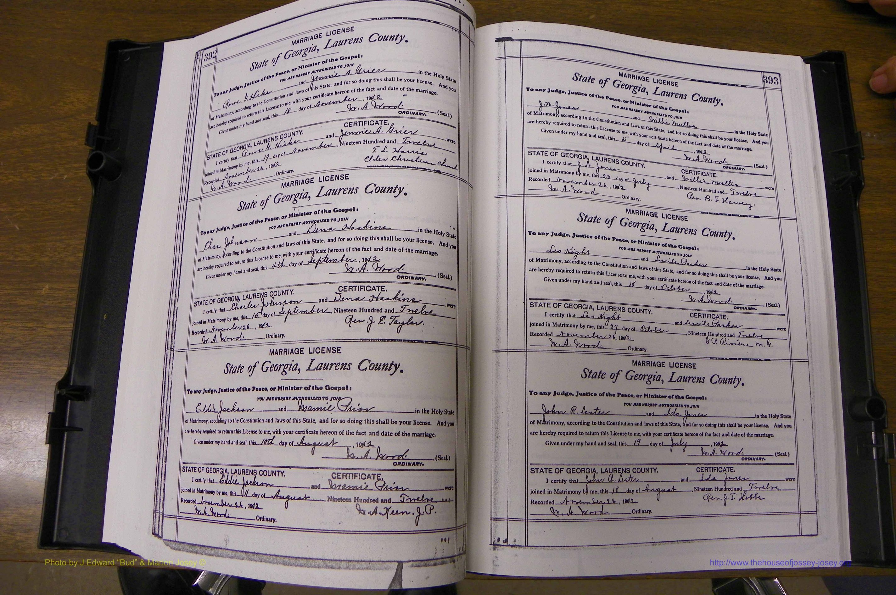 Laurens Co, GA, Marriages Book N, 1905 - 1915, White, P 392-393.JPG