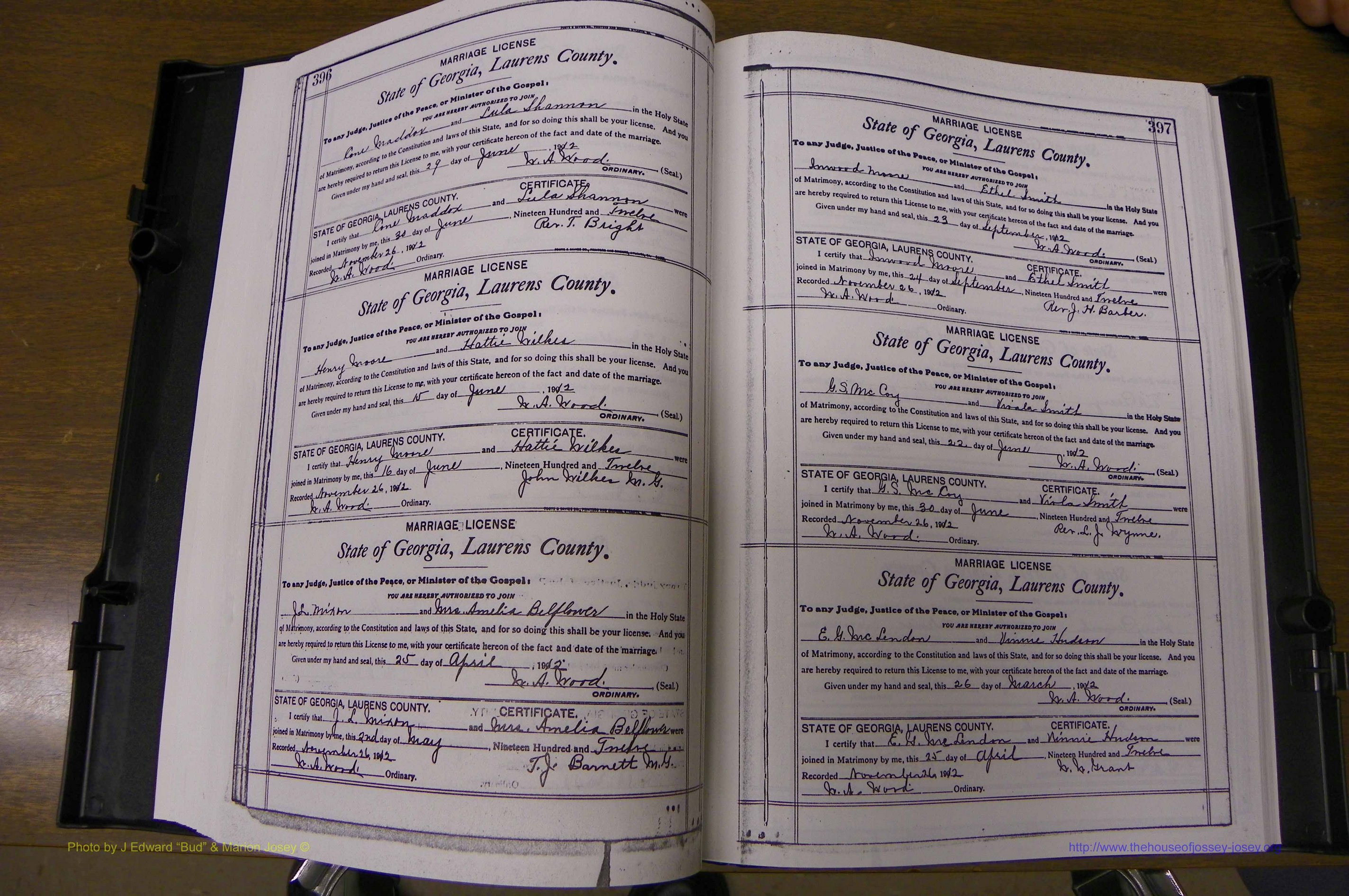 Laurens Co, GA, Marriages Book N, 1905 - 1915, White, P 396-397.JPG