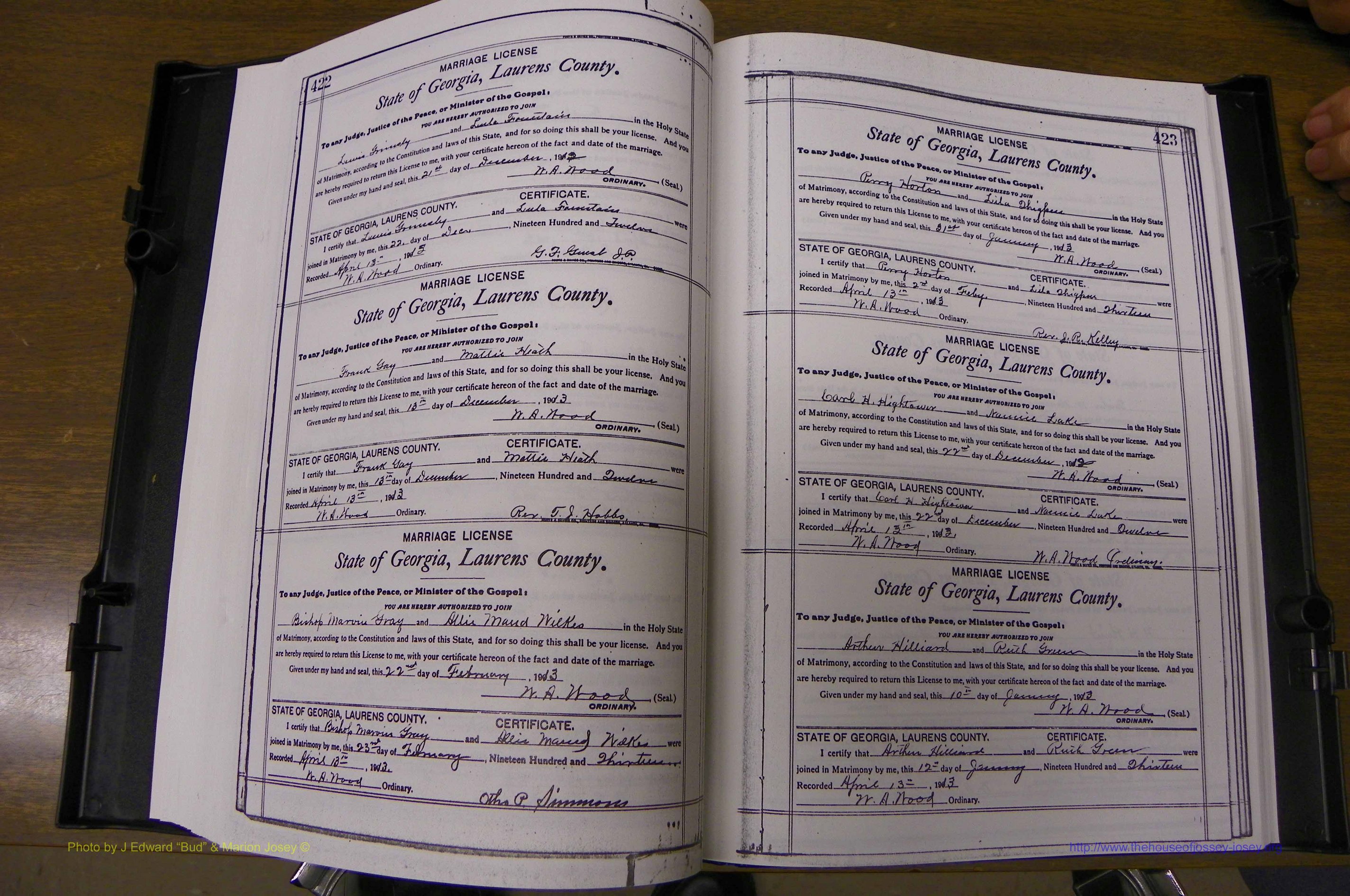 Laurens Co, GA, Marriages Book N, 1905 - 1915, White, P 422-423.JPG