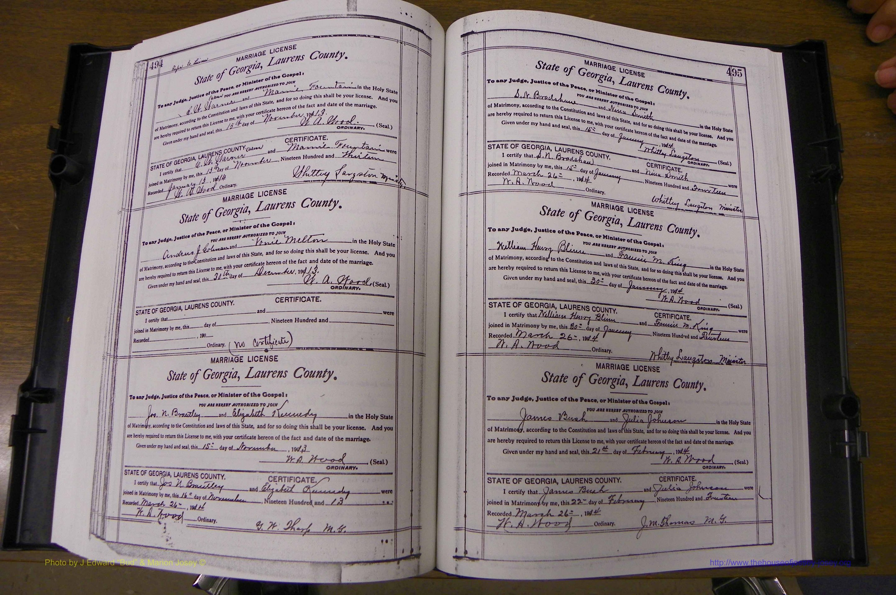 Laurens Co, GA, Marriages Book N, 1905 - 1915, White, P 494-495.JPG