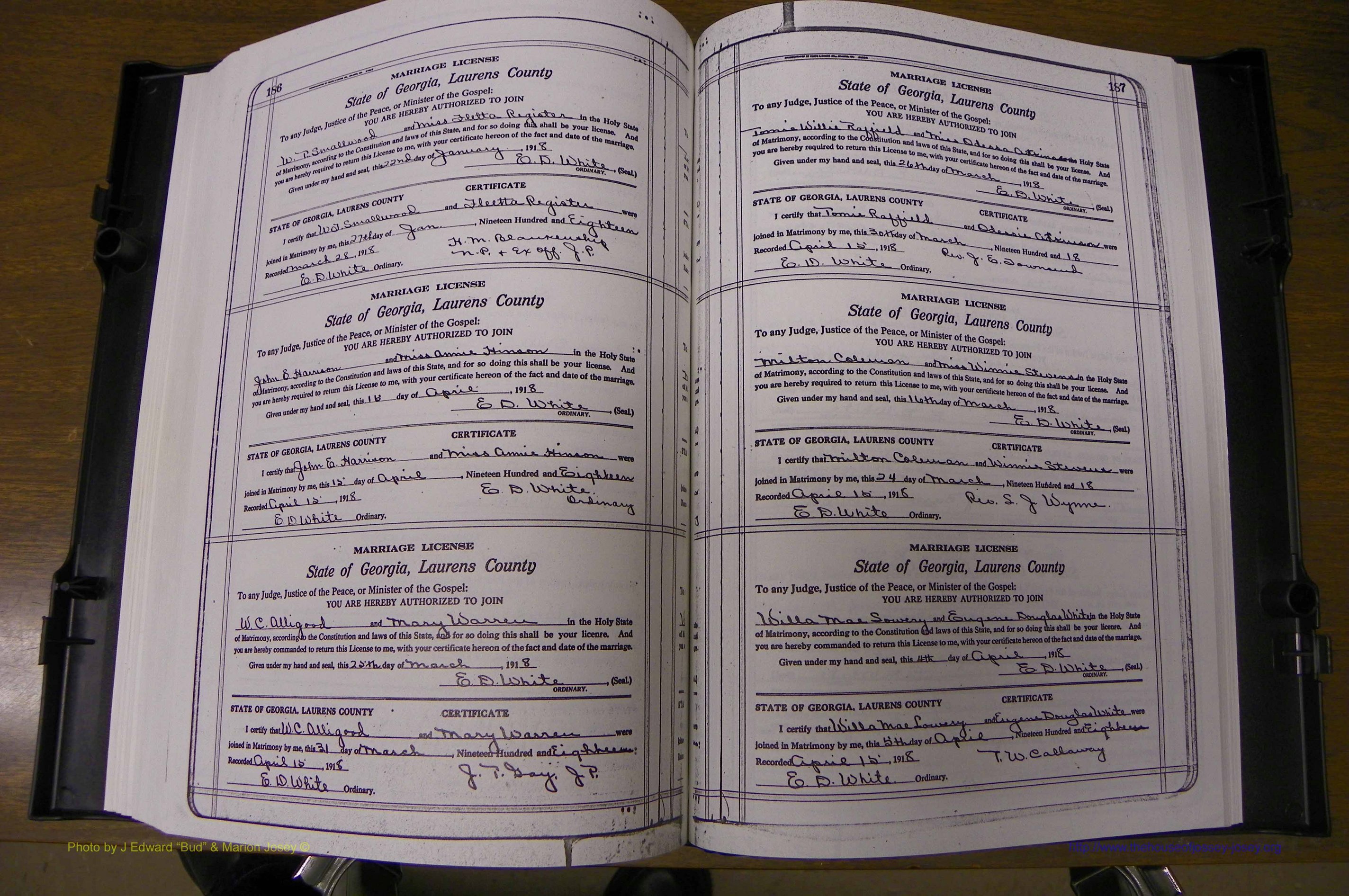 Laurens Co, GA, Marriages Book P, 1915 - 1924, White, P 186-187.JPG