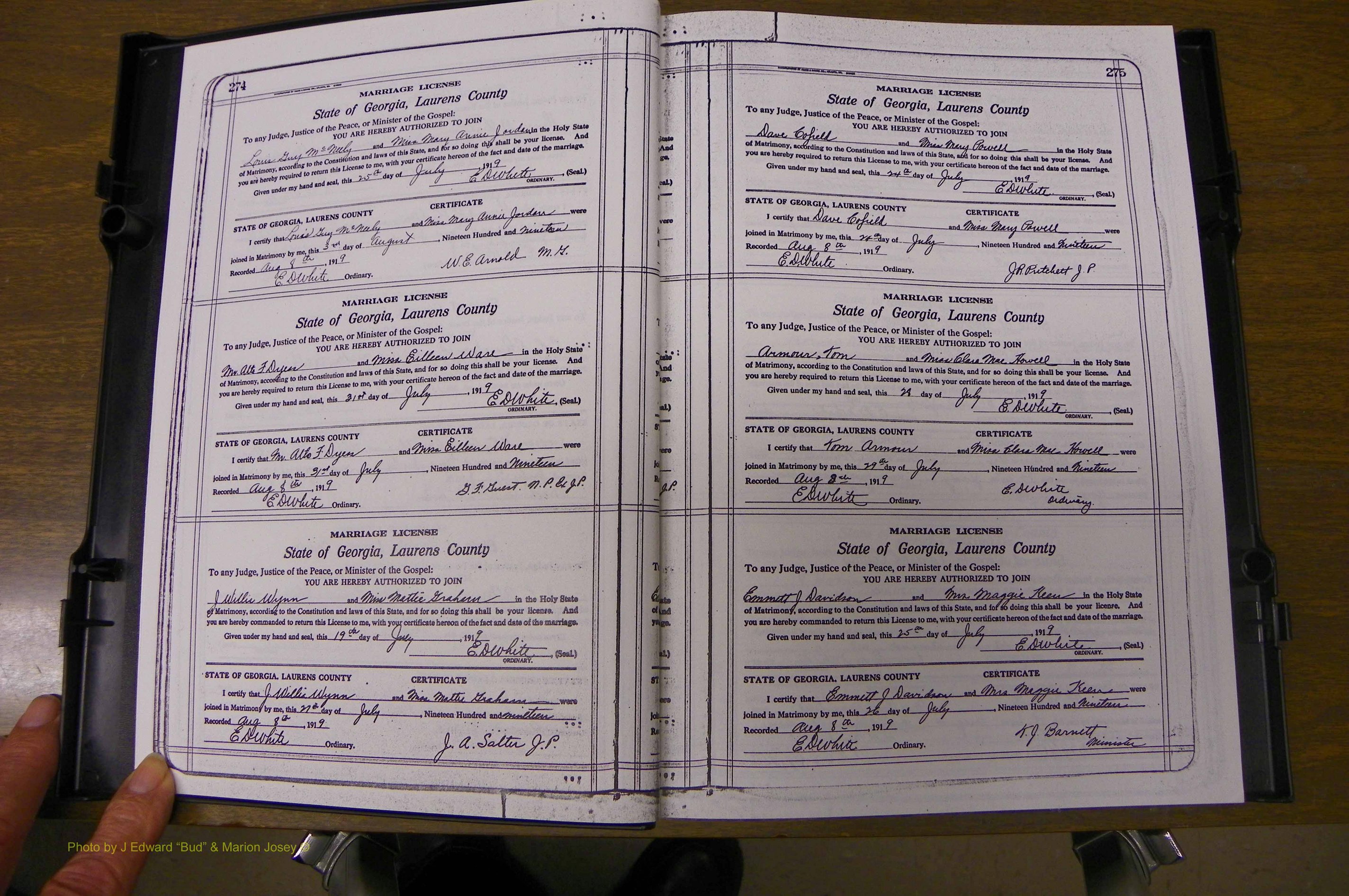 Laurens Co, GA, Marriages Book P, 1915 - 1924, White, P 274-275.JPG