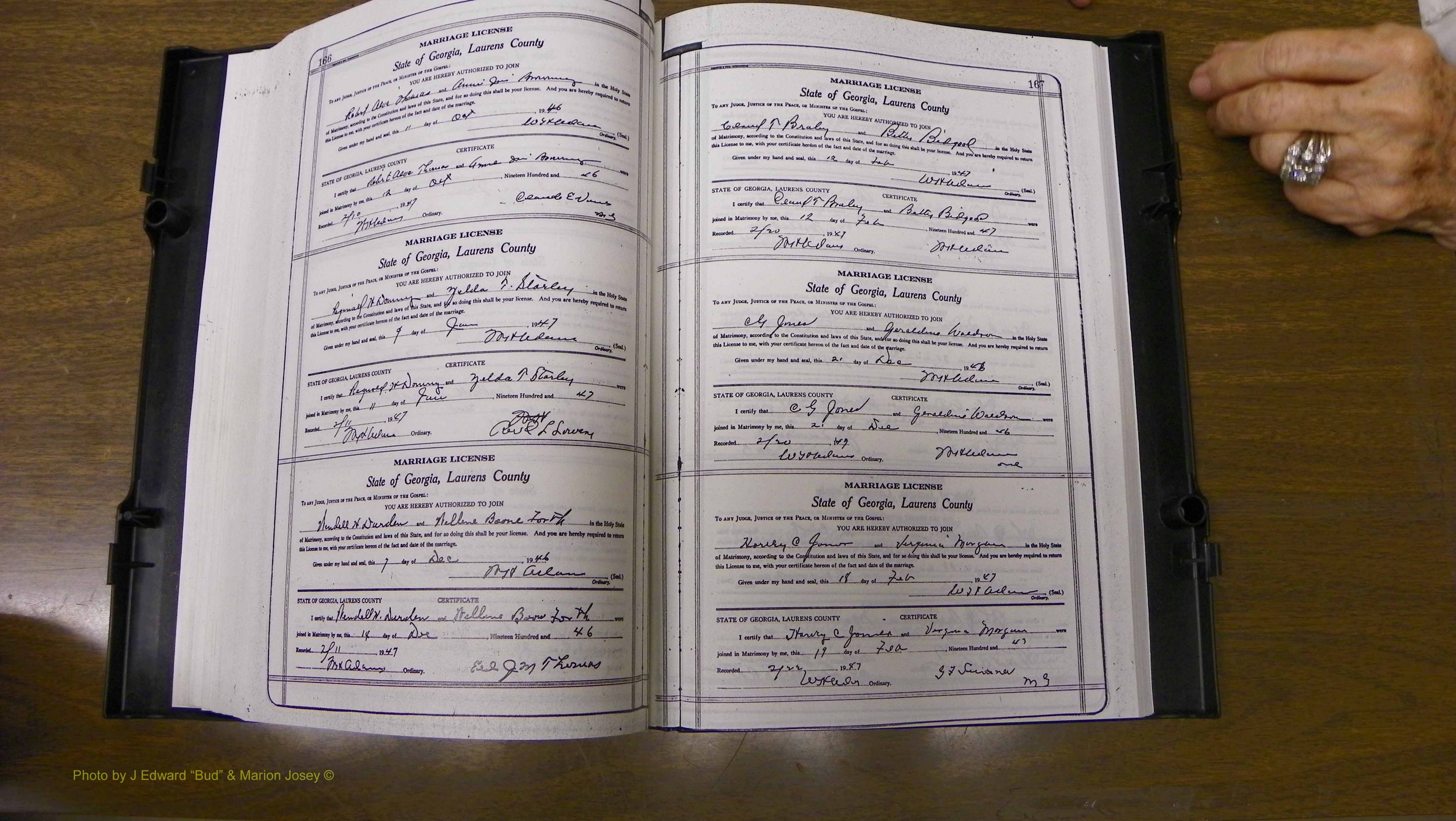 Laurens Co, GA, Marriages Book W, 1944 - 1955, White, P 166-167.JPG