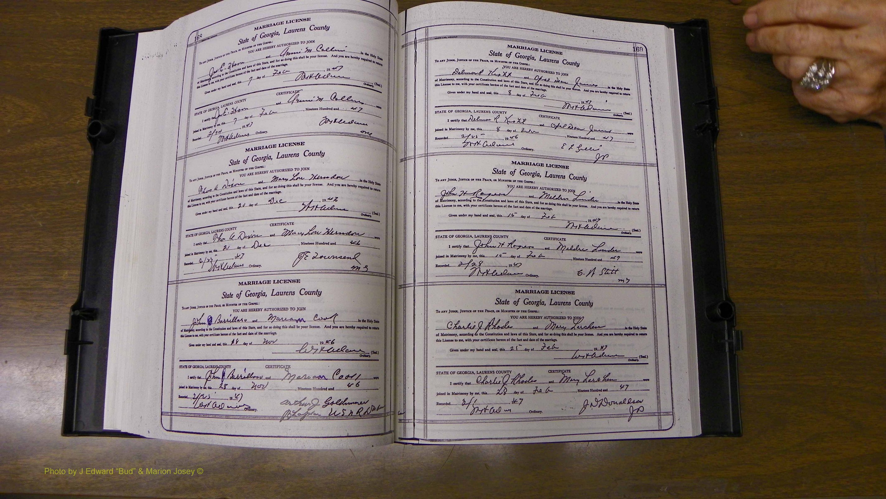 Laurens Co, GA, Marriages Book W, 1944 - 1955, White, P 168-169.JPG