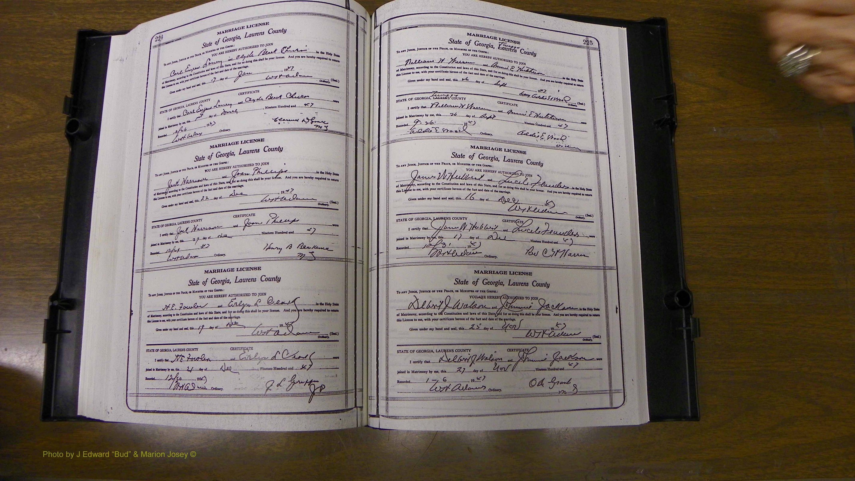 Laurens Co, GA, Marriages Book W, 1944 - 1955, White, P 224-225.JPG