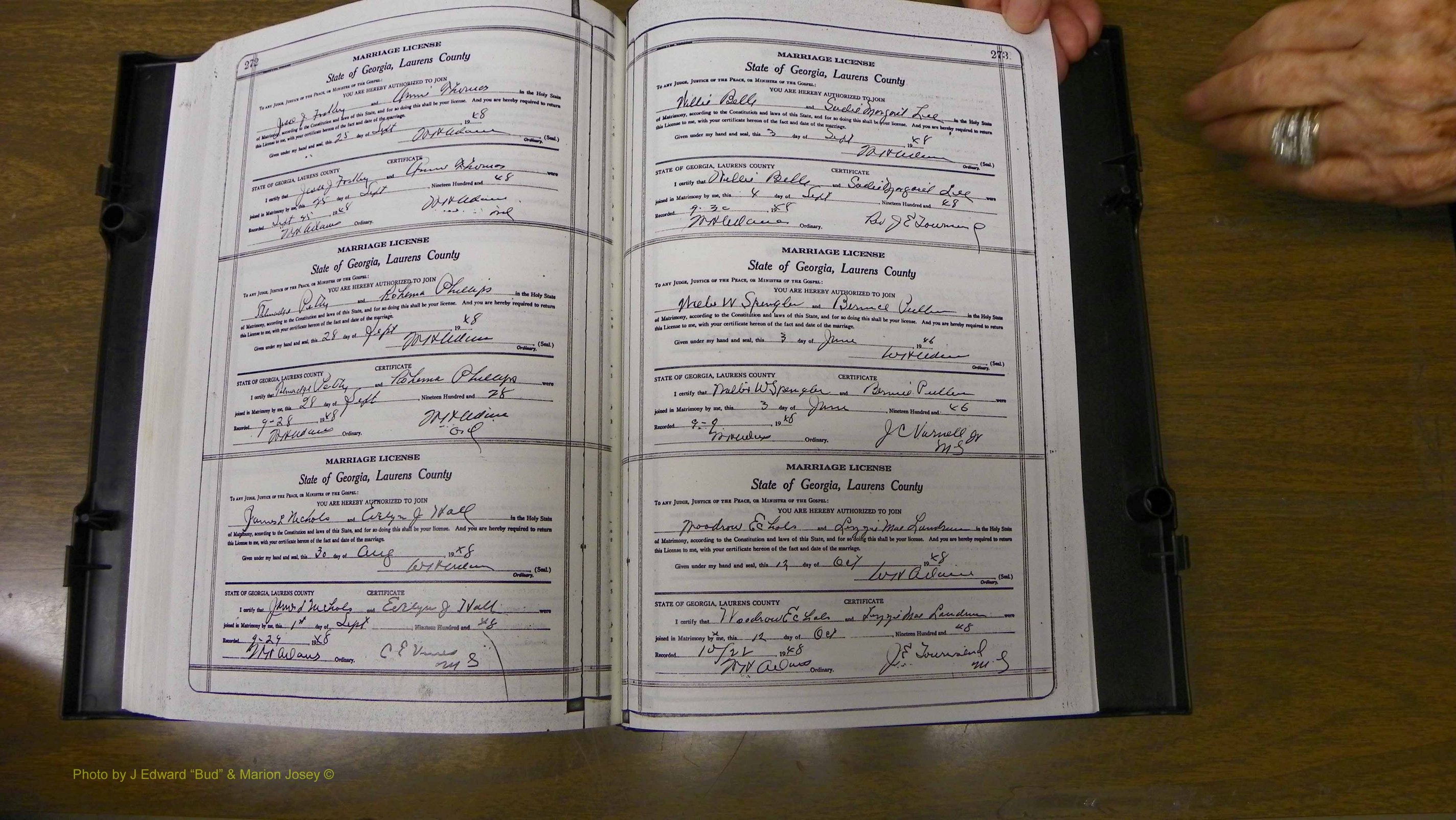 Laurens Co, GA, Marriages Book W, 1944 - 1955, White, P 272-273.JPG