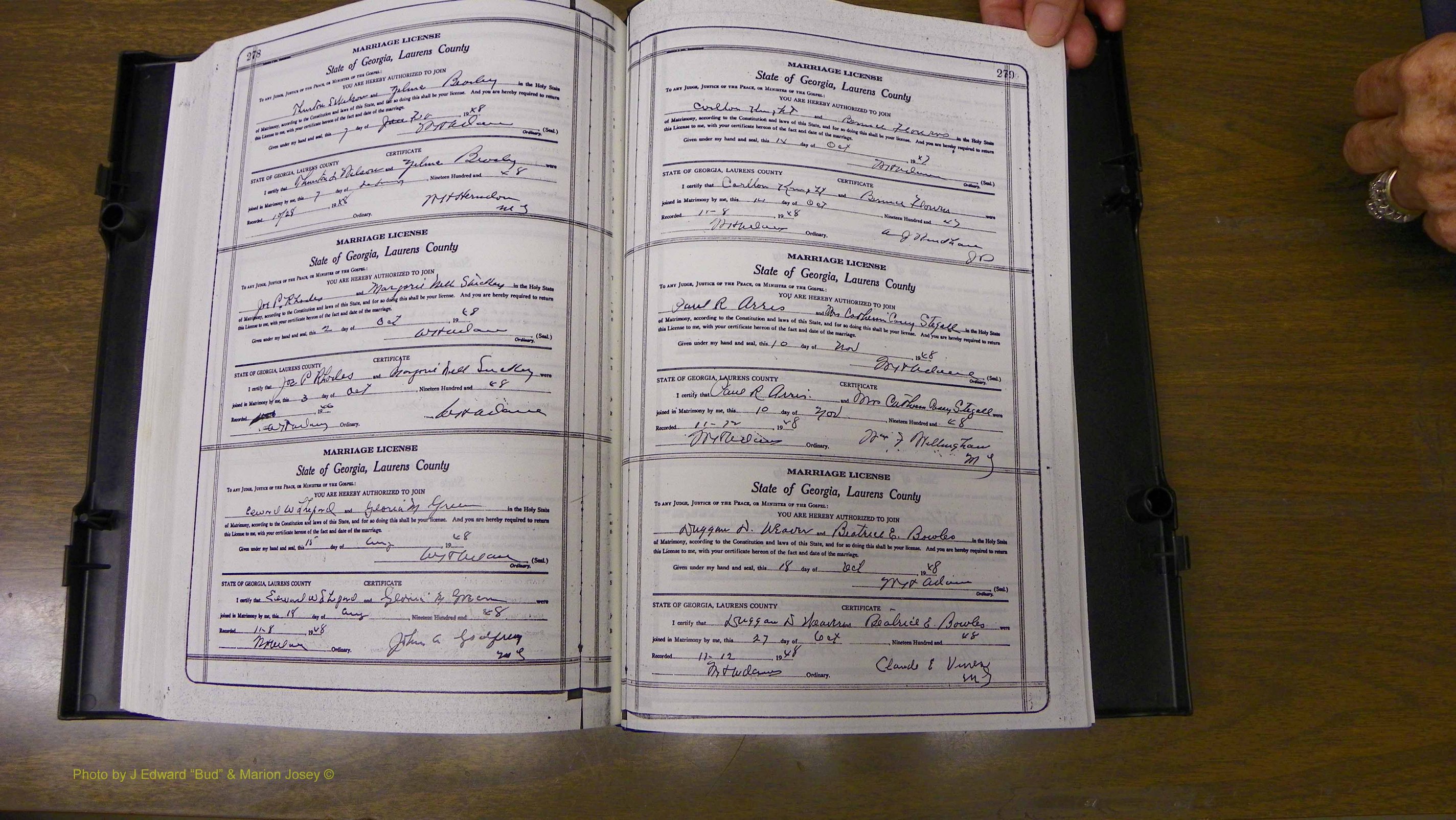 Laurens Co, GA, Marriages Book W, 1944 - 1955, White, P 278-279.JPG