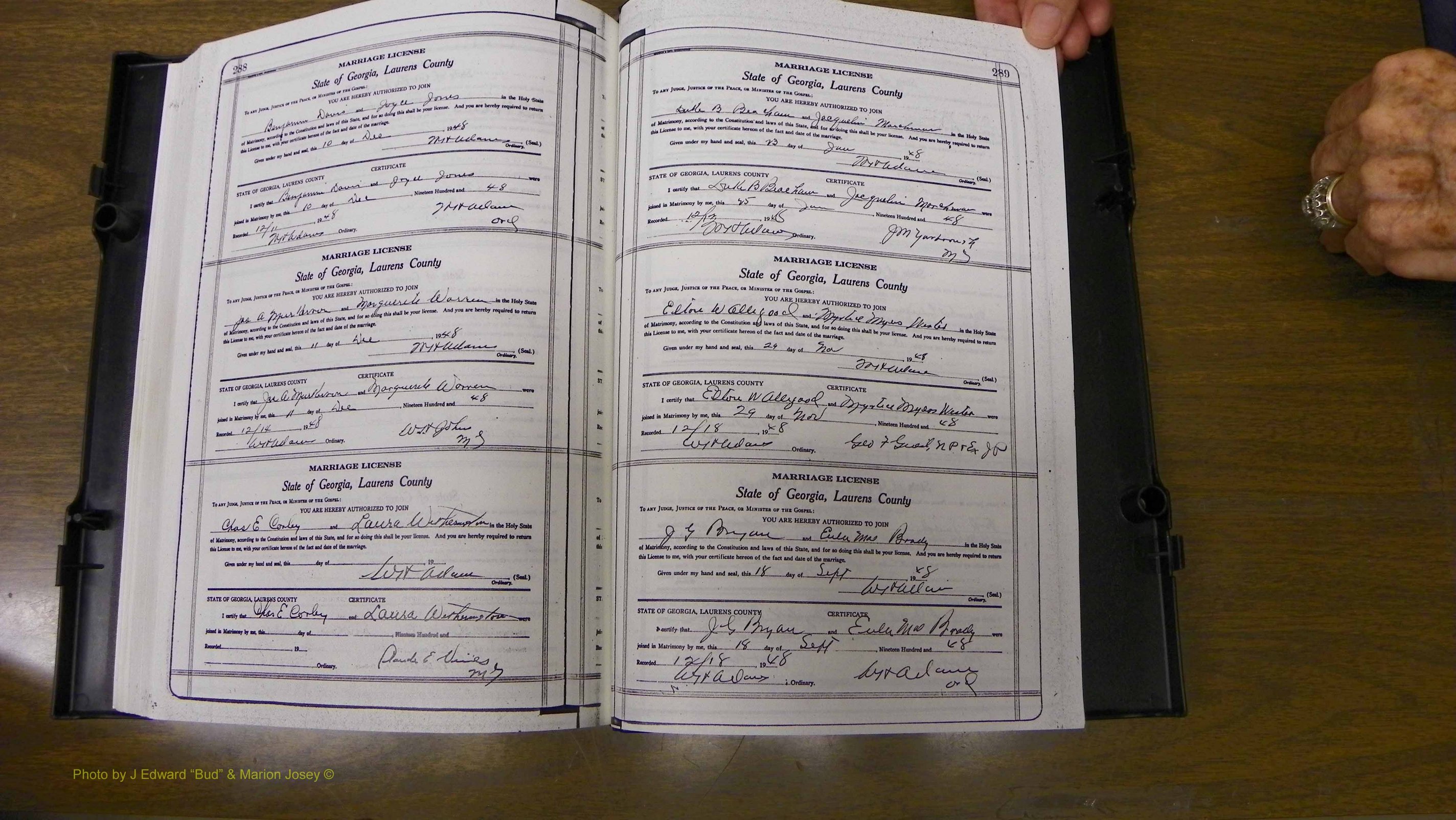 Laurens Co, GA, Marriages Book W, 1944 - 1955, White, P 288-289.JPG