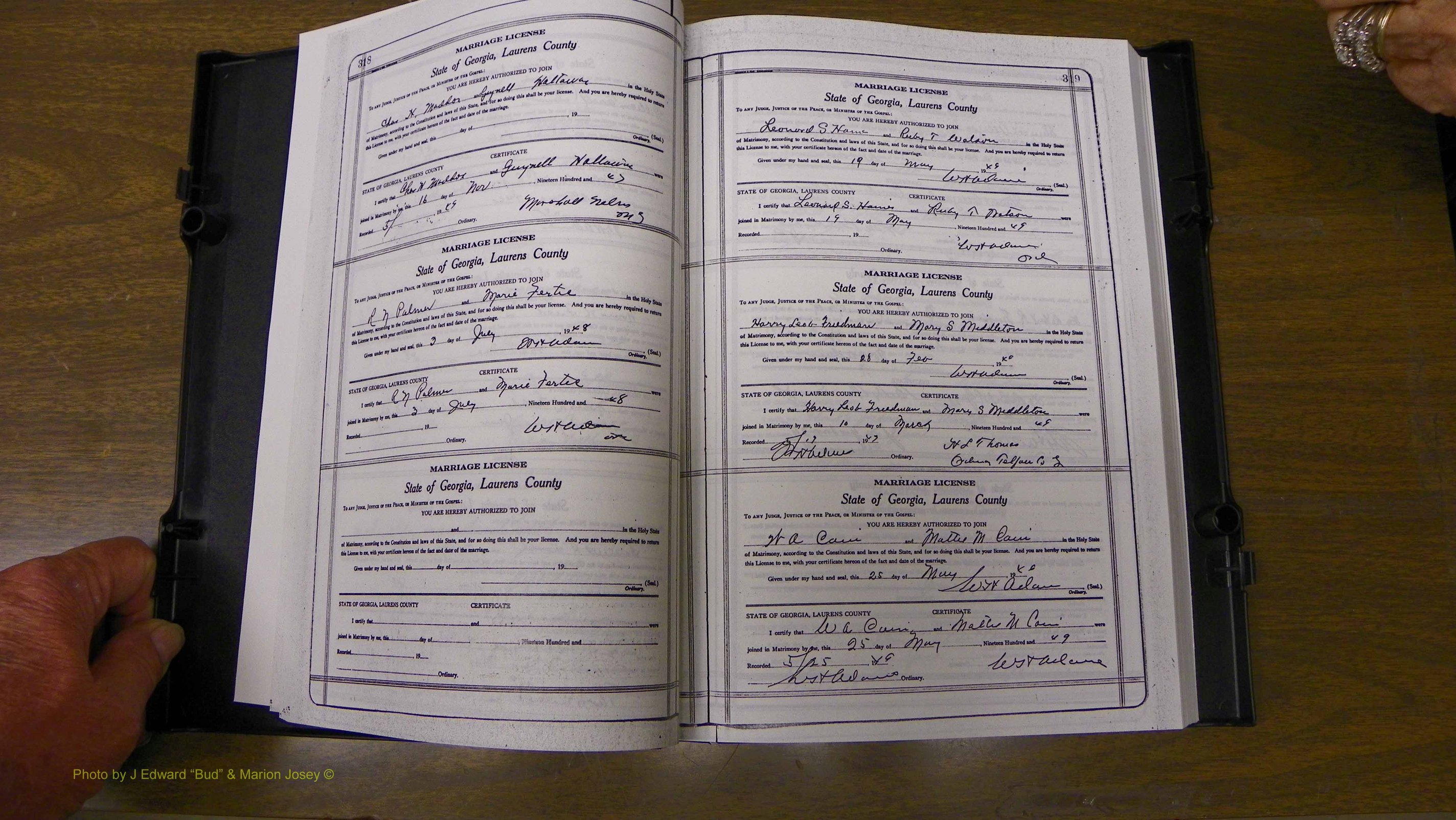 Laurens Co, GA, Marriages Book W, 1944 - 1955, White, P 318-319.JPG