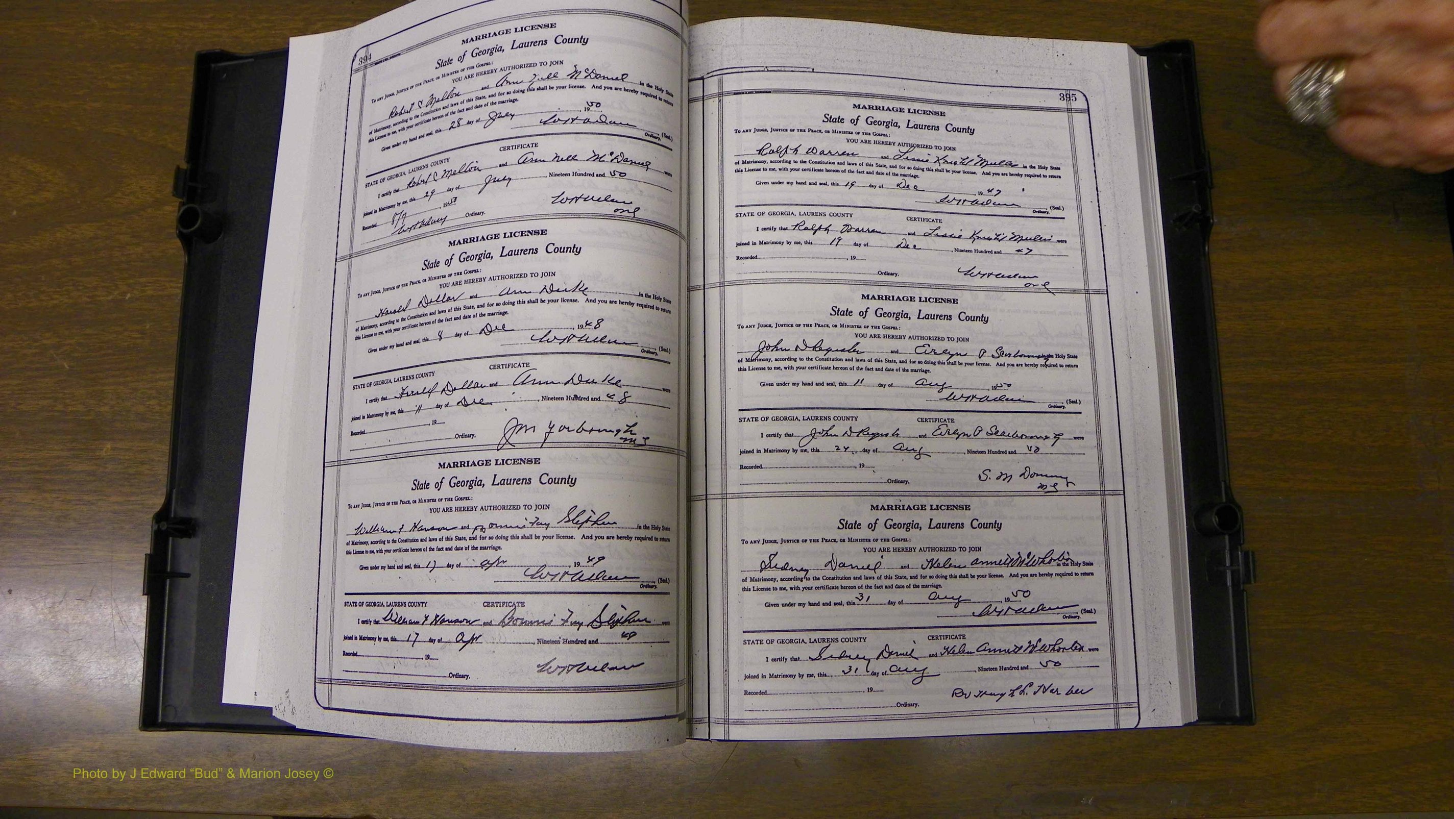 Laurens Co, GA, Marriages Book W, 1944 - 1955, White, P 394-395.JPG