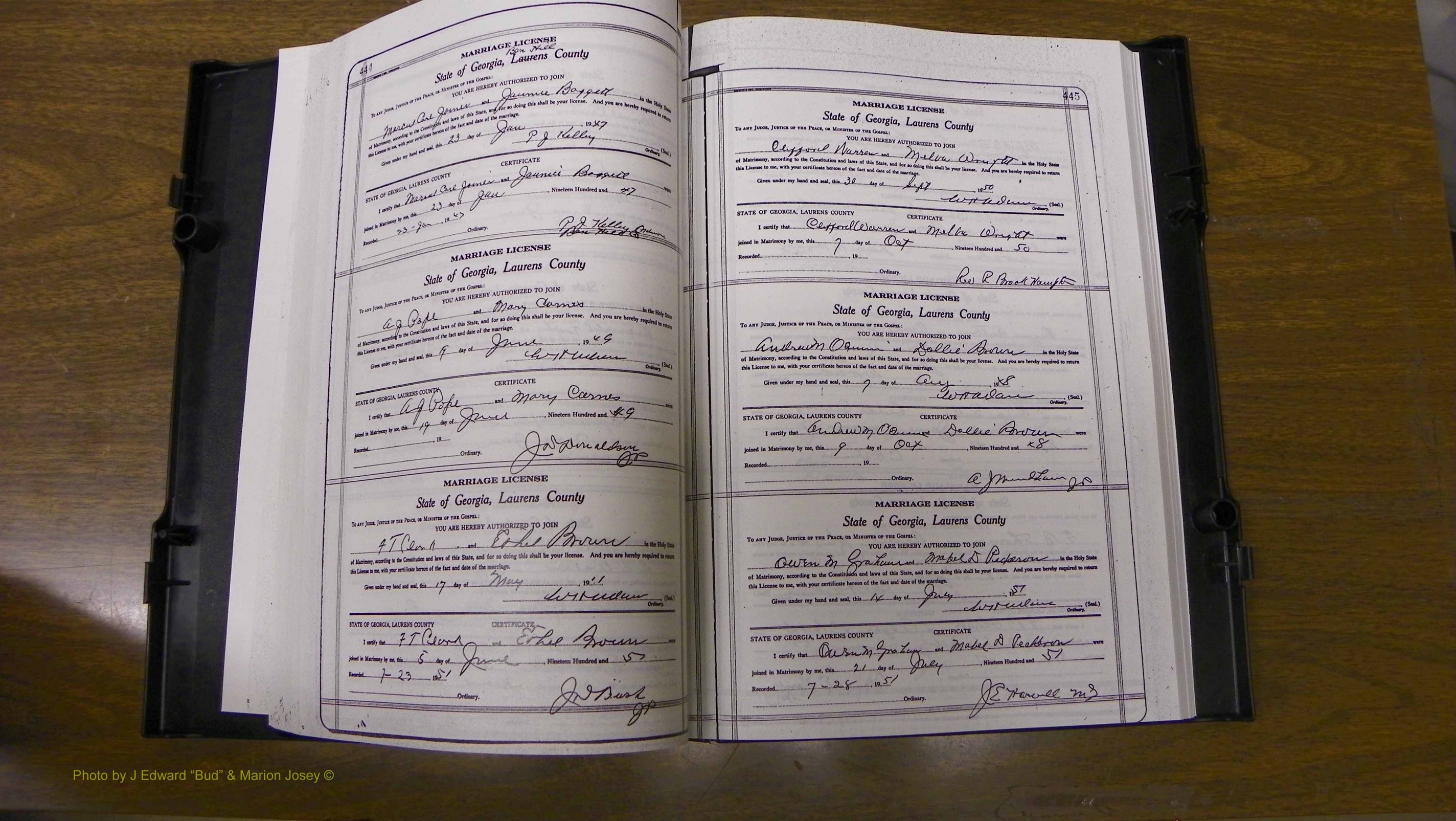 Laurens Co, GA, Marriages Book W, 1944 - 1955, White, P 444-445.JPG
