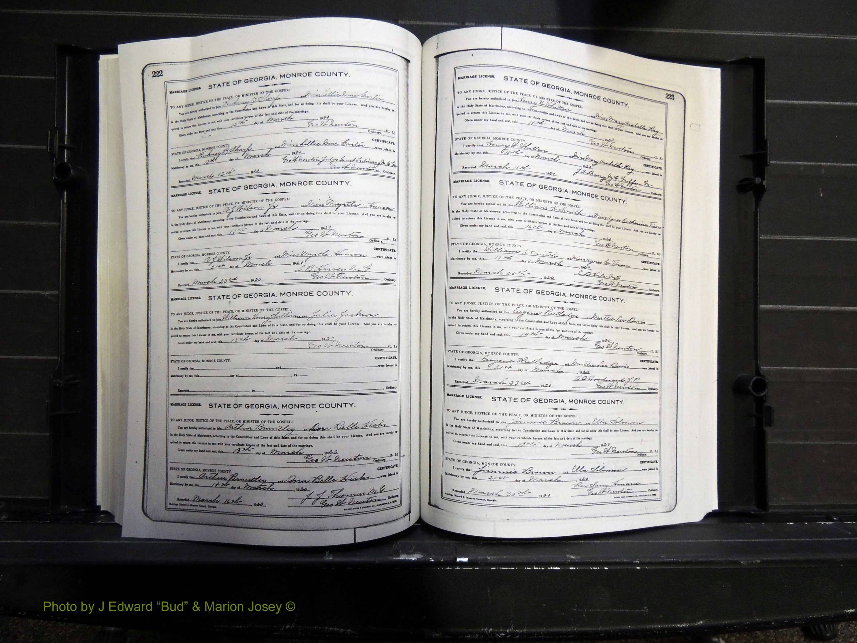 Monroe Co, GA, Marriages, Book I, 1917-1922 pg 222-223.JPG
