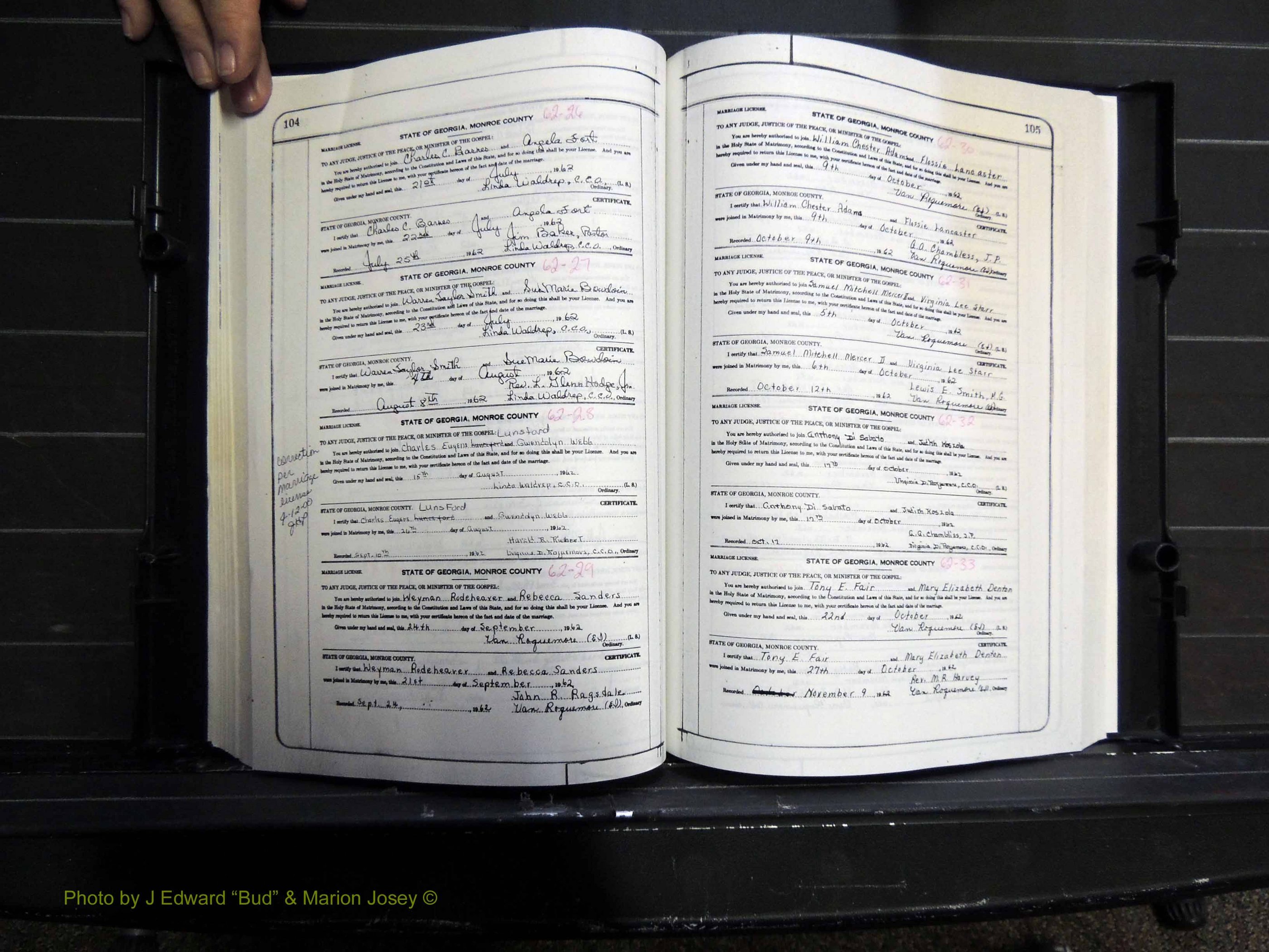Monroe Co, GA, Marriages, Book K, 1952-1975 pg 104-105.JPG