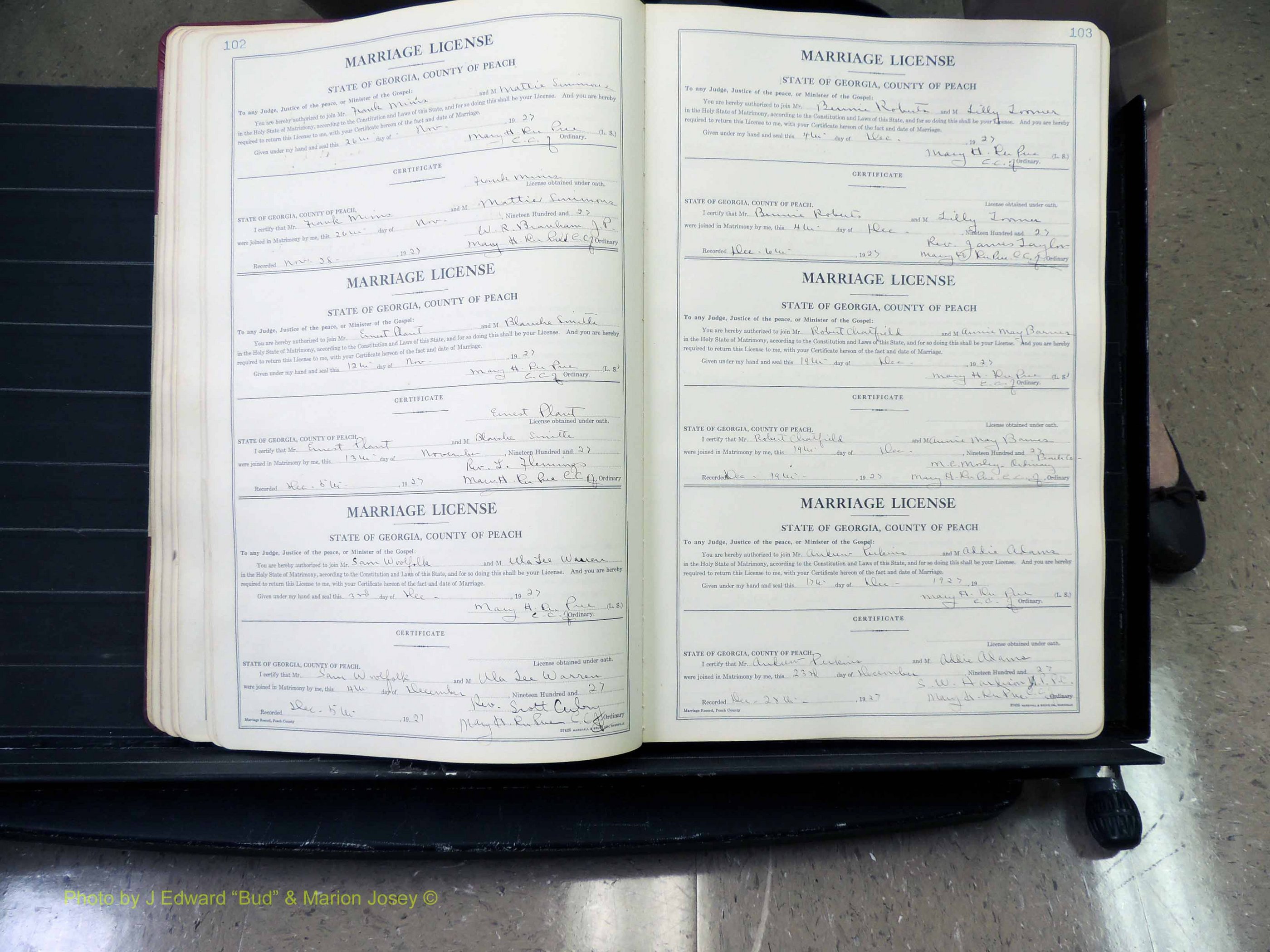Peach Co, GA, Marriages, Book B, 1925-1991 pg 102-103.JPG