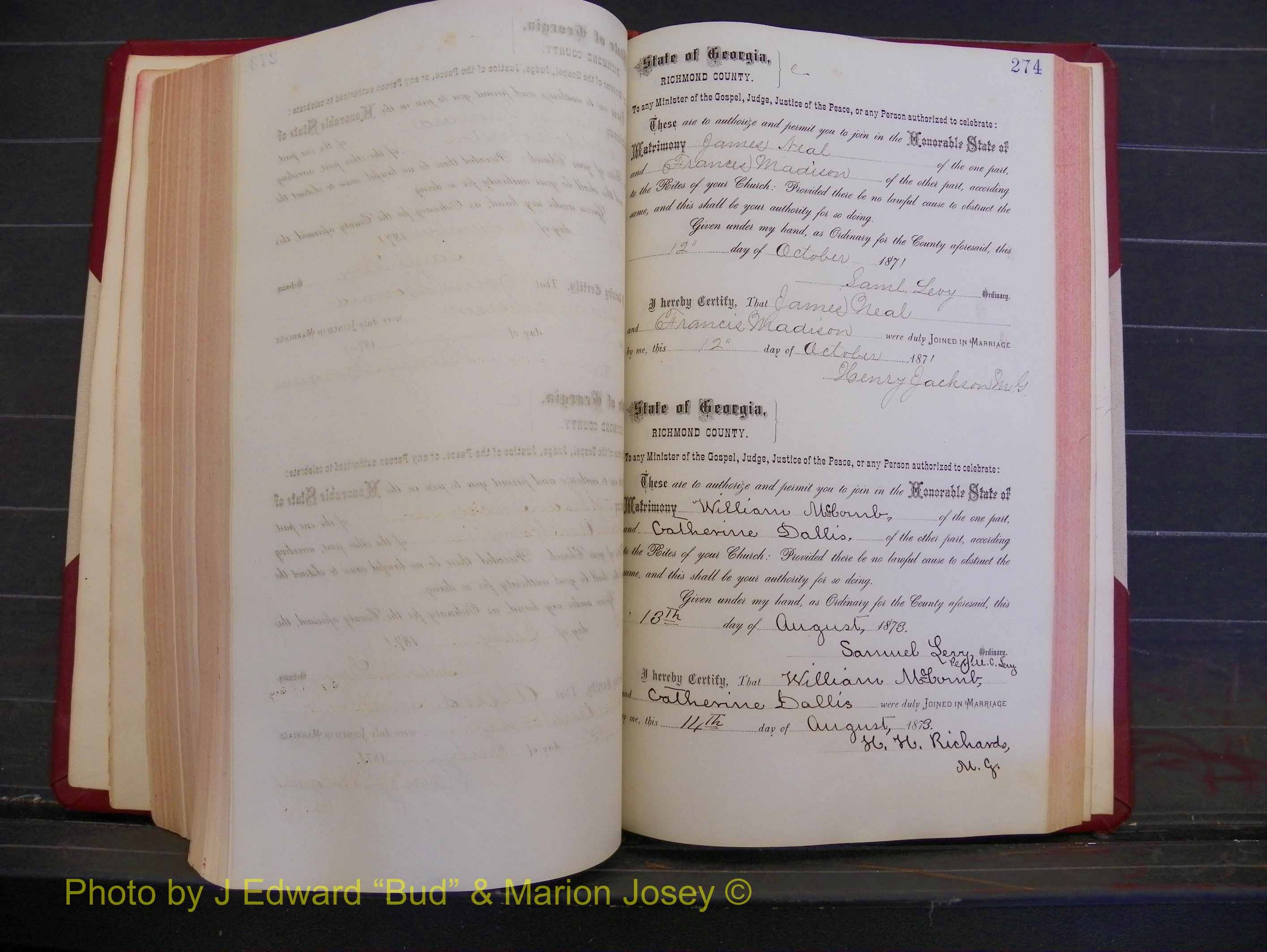 Richmond Marriages, Book H, 1868-1875 P 274.JPG