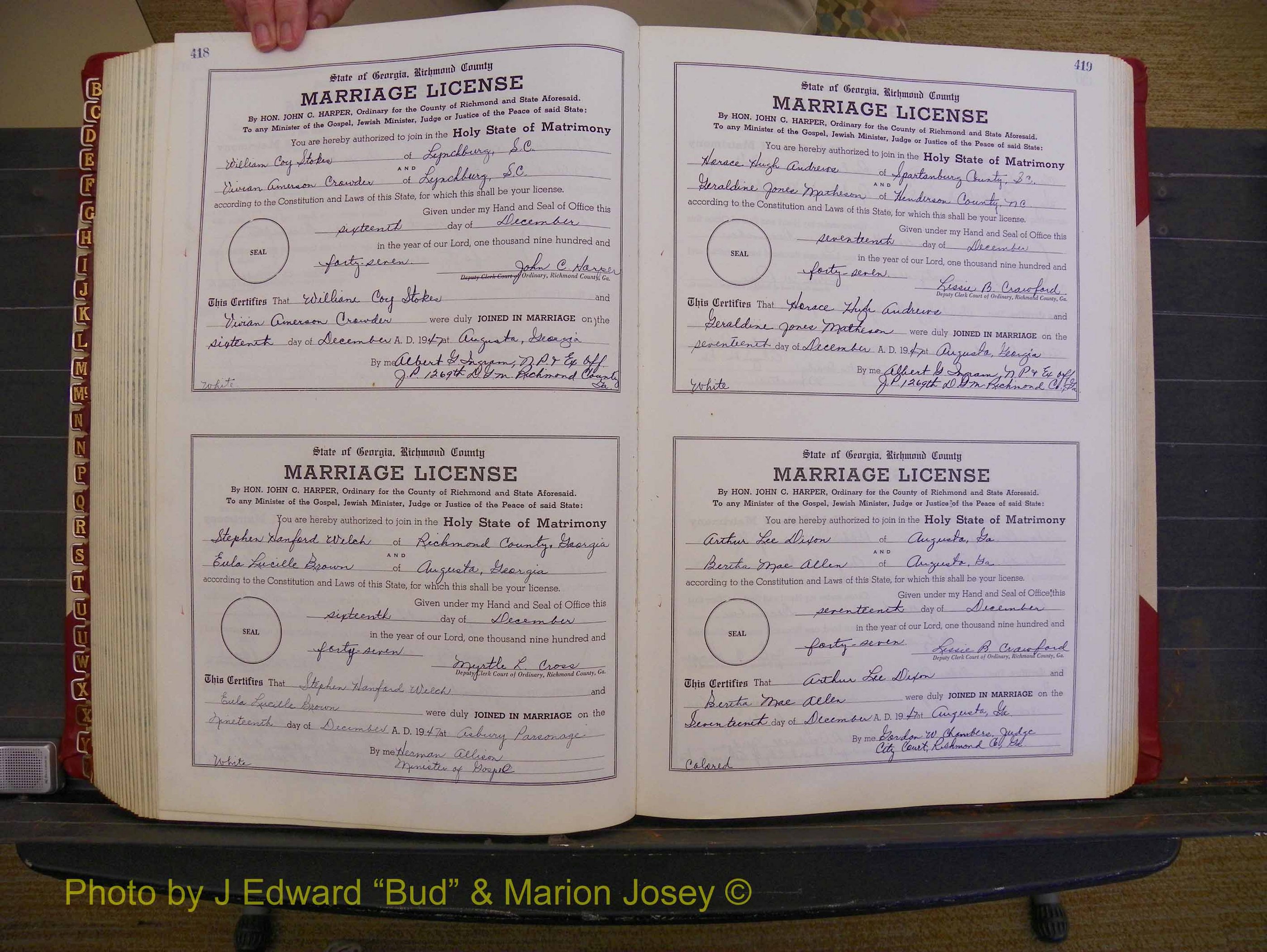 Richmond Marriages, Book XX, 1946-1948 P 418-419.JPG